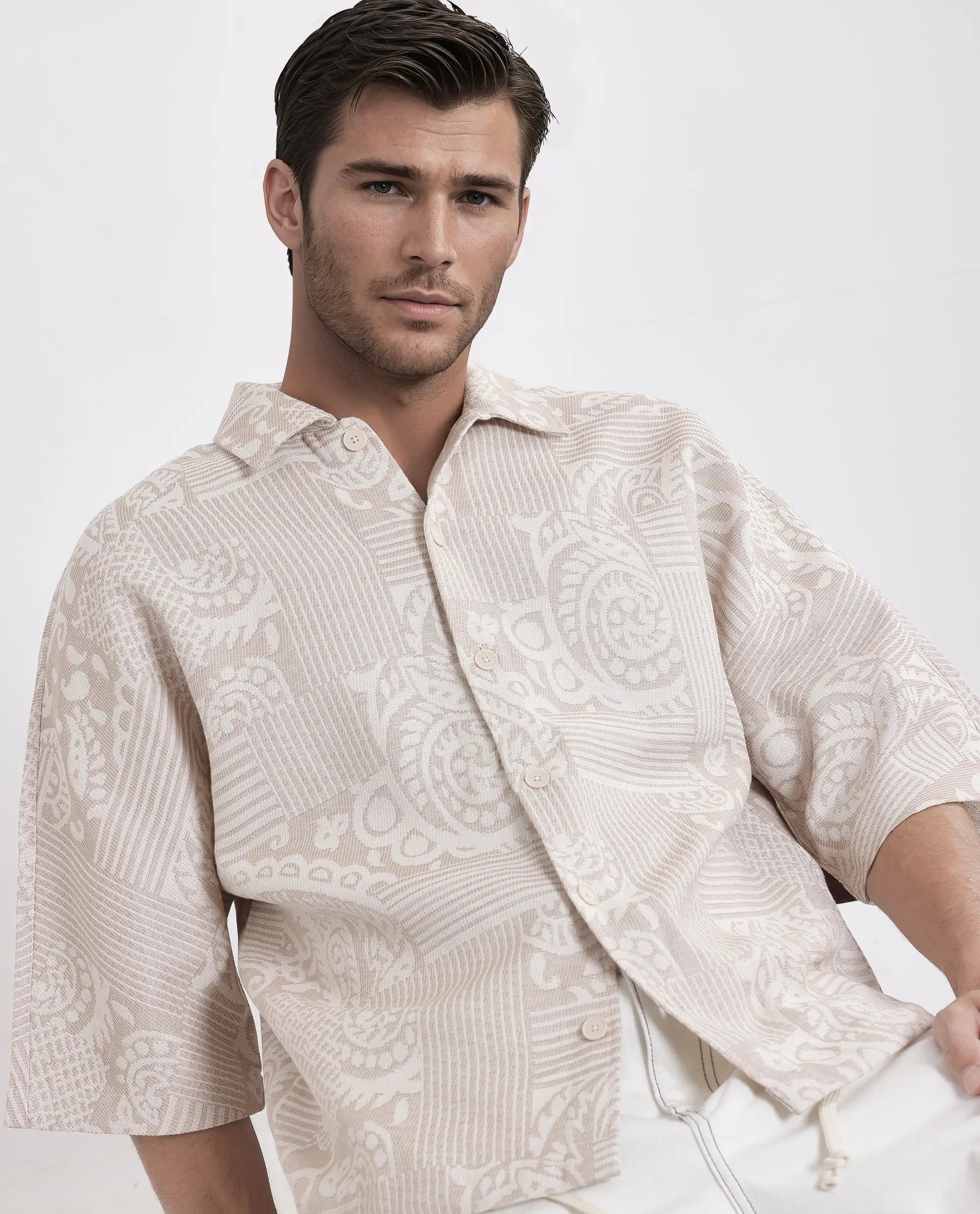 Rare Rabbit Men Tyra Beige Cotton Poly Fabric Half Sleeve Collared Neck Button Closure Jacquard Shacket