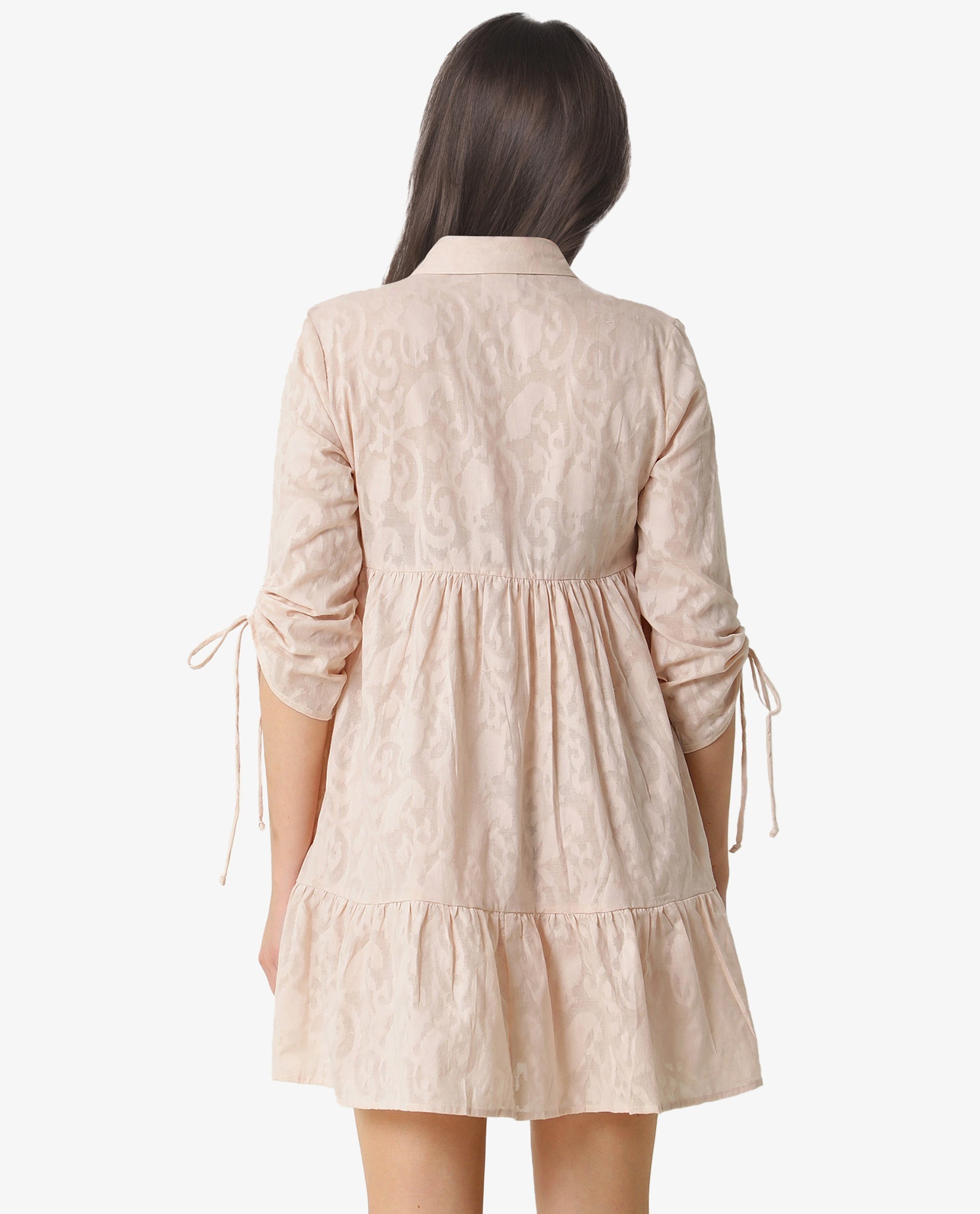 Rareism Women Tyra Beige Paisley Print Shirt Collar Front Button Closure Placket 3/4 Sleeve With Tie Up Pocket Mini Dress