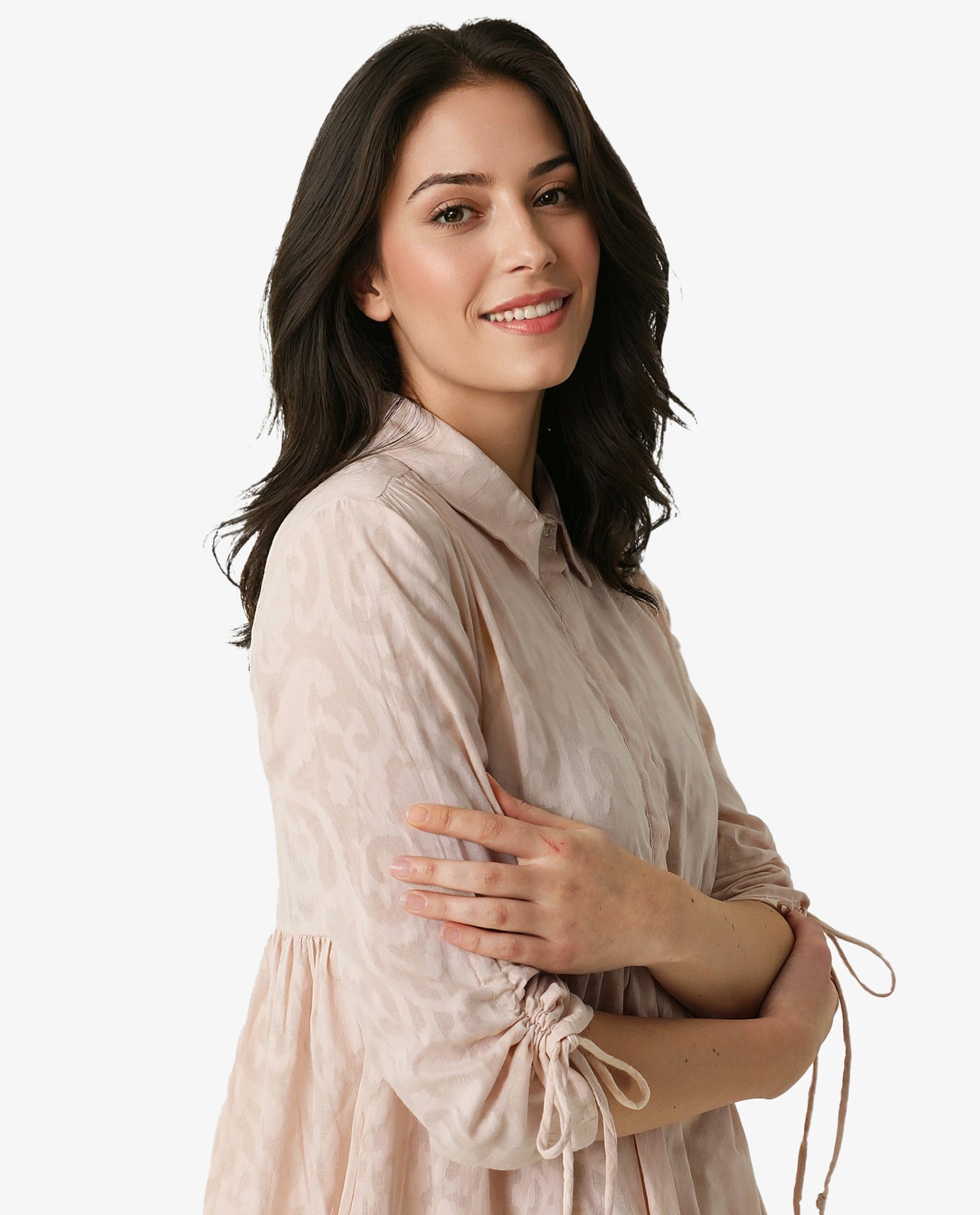 Rareism Women Tyra Beige Paisley Print Shirt Collar Front Button Closure Placket 3/4 Sleeve With Tie Up Pocket Mini Dress