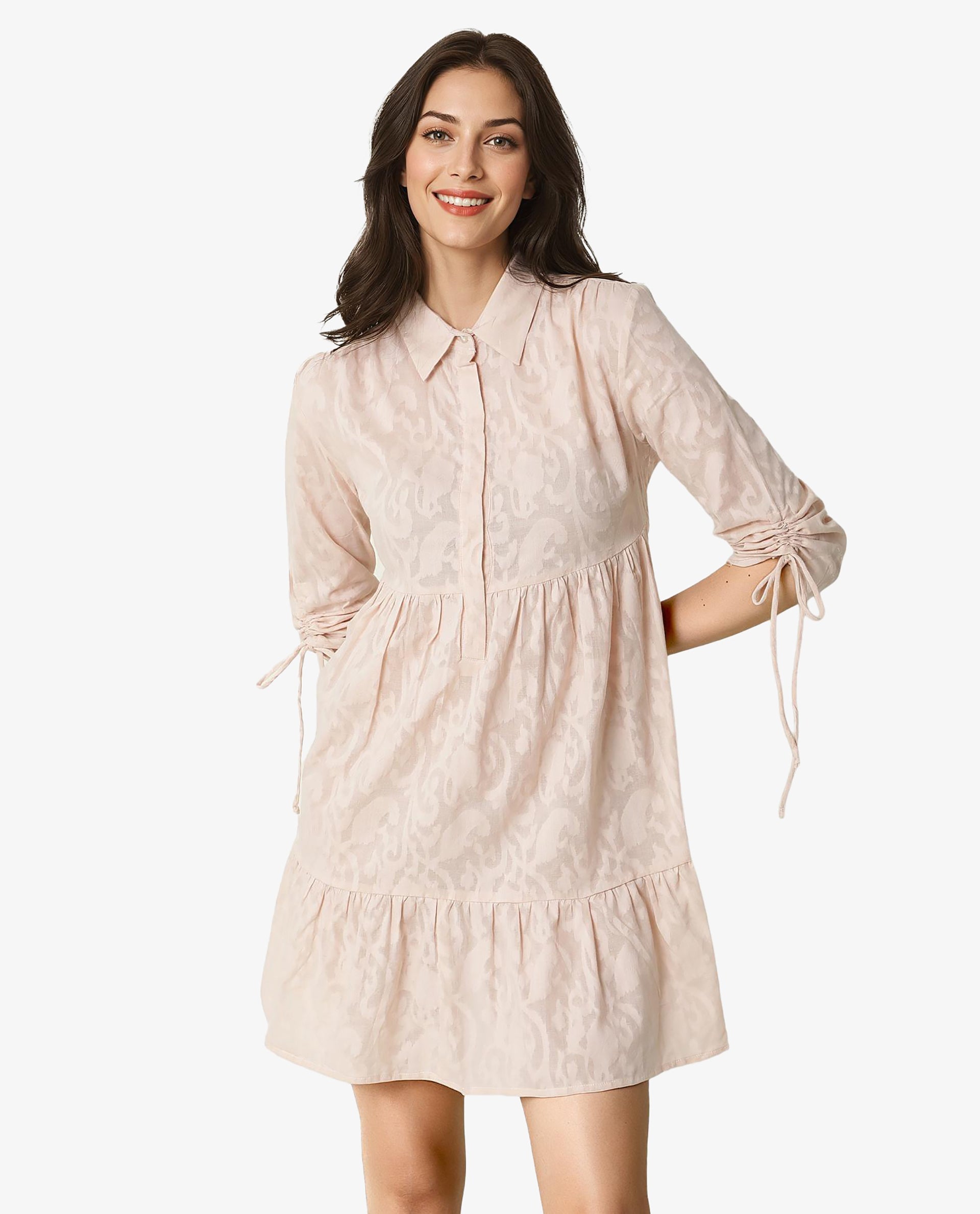 Rareism Women Tyra Beige Paisley Print Shirt Collar Front Button Closure Placket 3/4 Sleeve With Tie Up Pocket Mini Dress