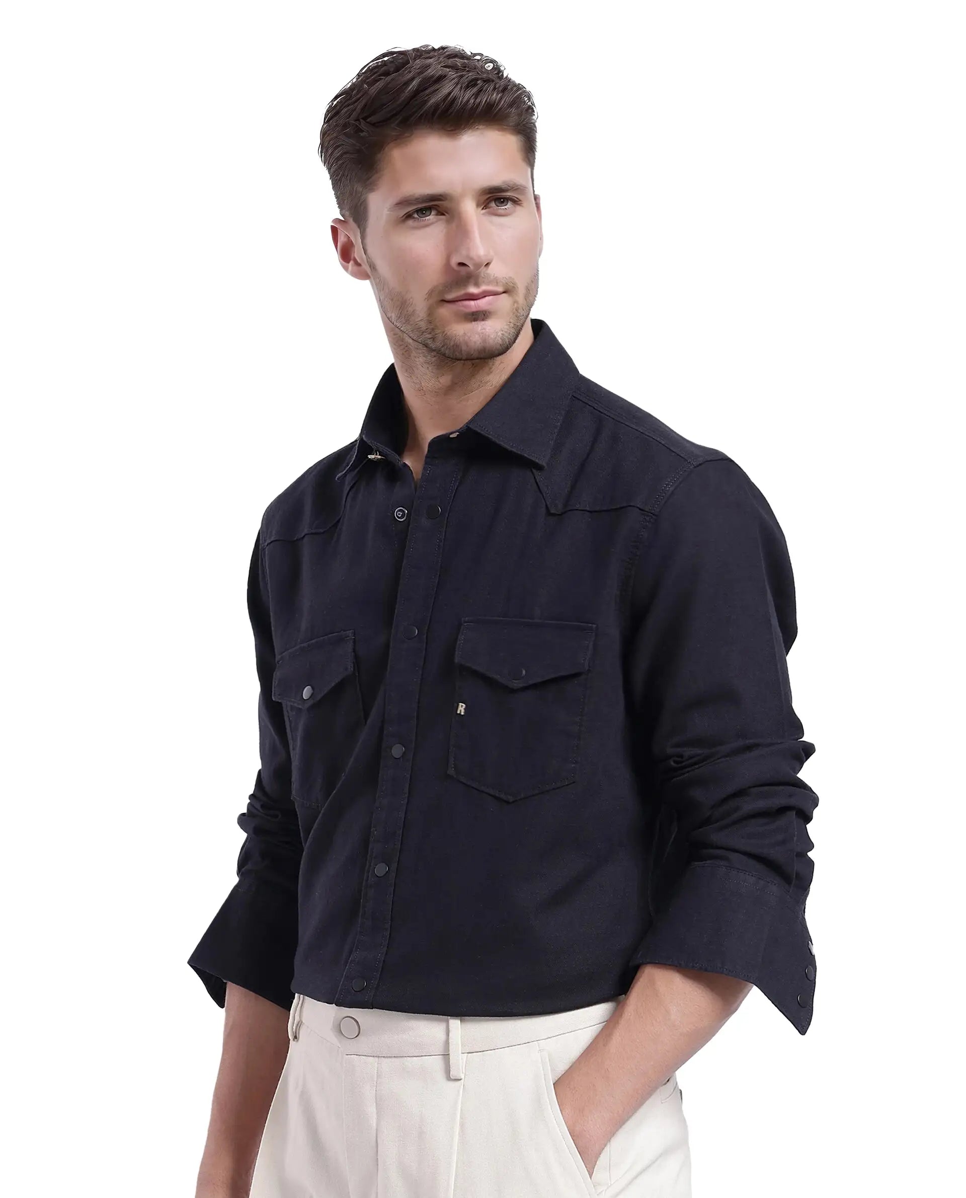 Rare Rabbit Men Tyson-1 Black Cotton Fabric Full Sleeve Snap Button Closure with Two Front Flap Pockets Plain Shirt