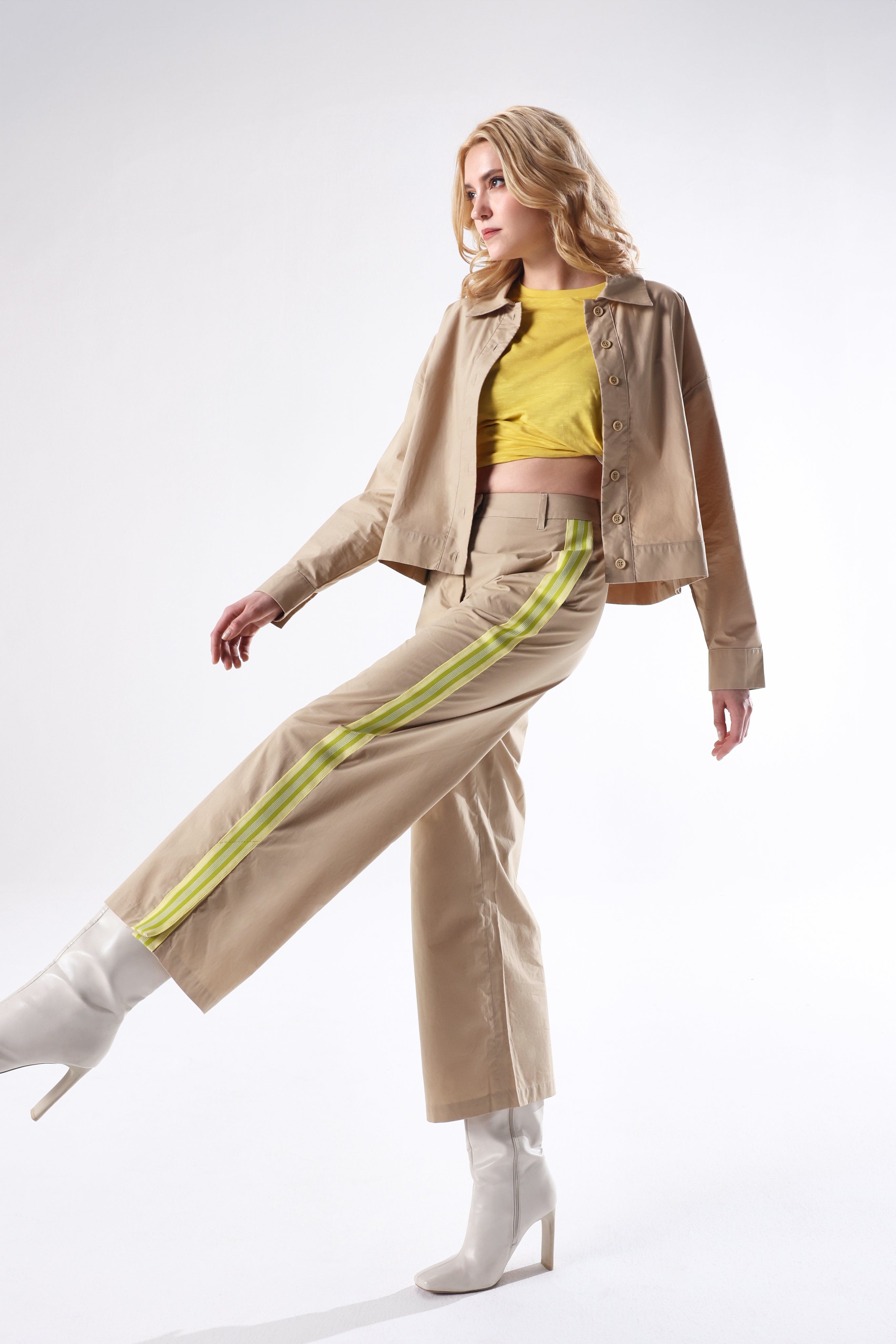 Rareism Women's Nocam B Beige Cotton Plain Ankle Length Wide Trouser