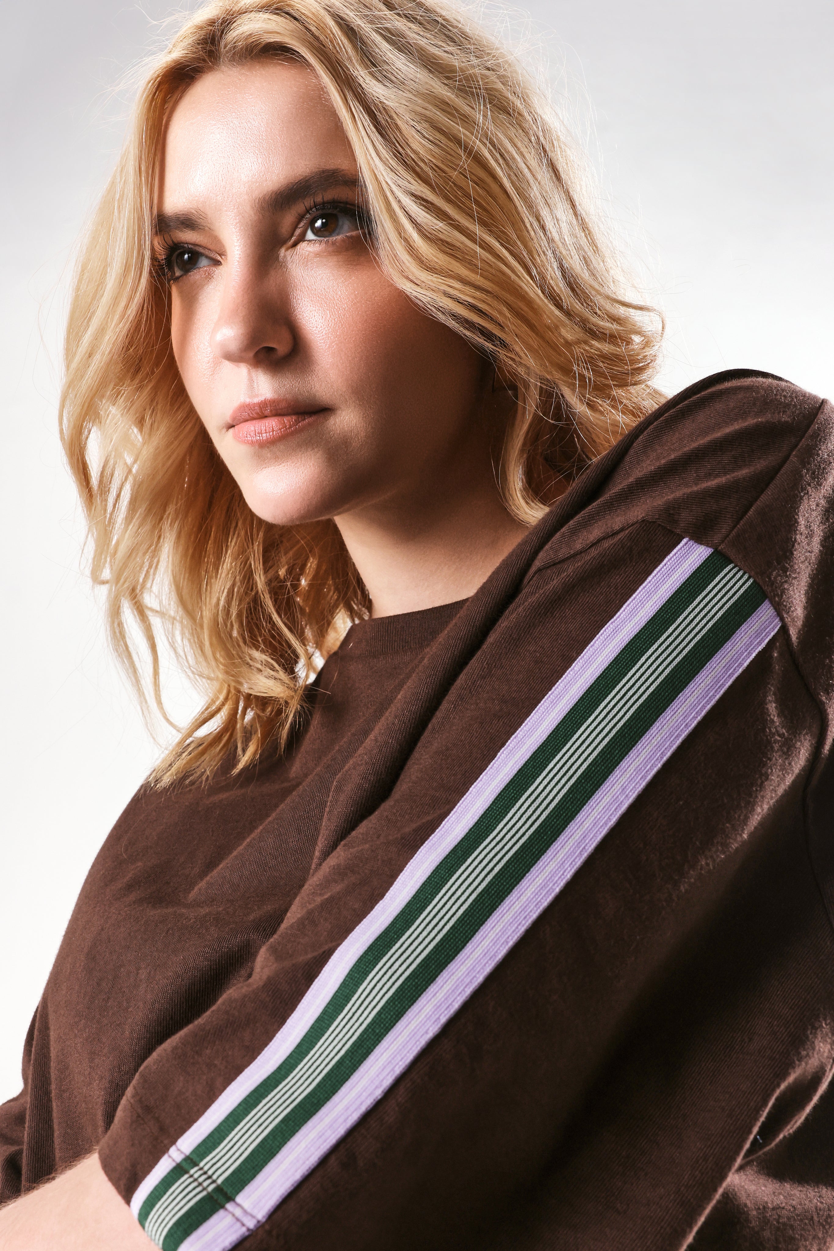 Rareism Women's Nonwen T Brown Polyester Blend Crew Neck Striped Oversized T-Shirt