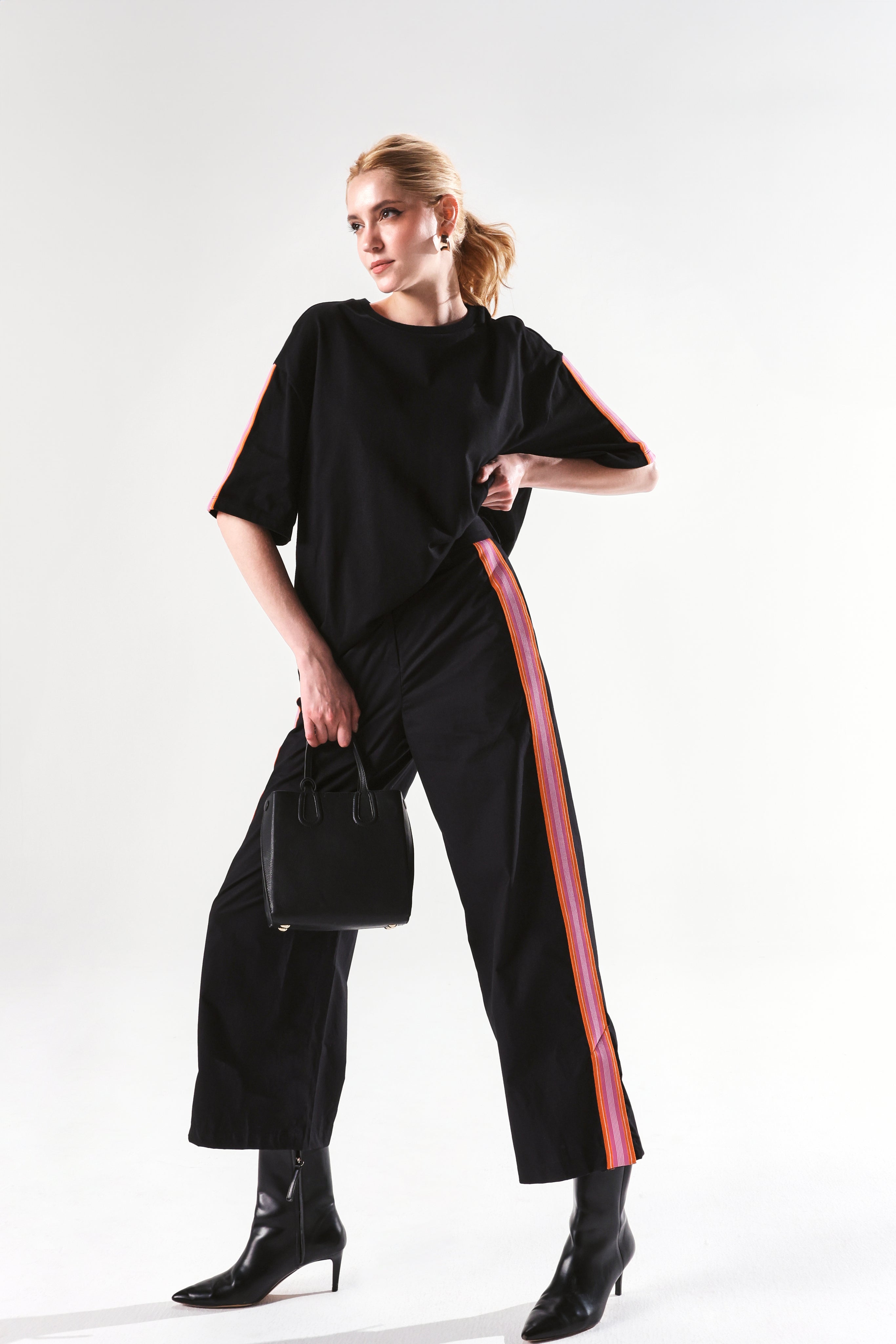 Rareism Women's Nonwen T Black Polyester Blend Crew Neck Striped Oversized T-Shirt