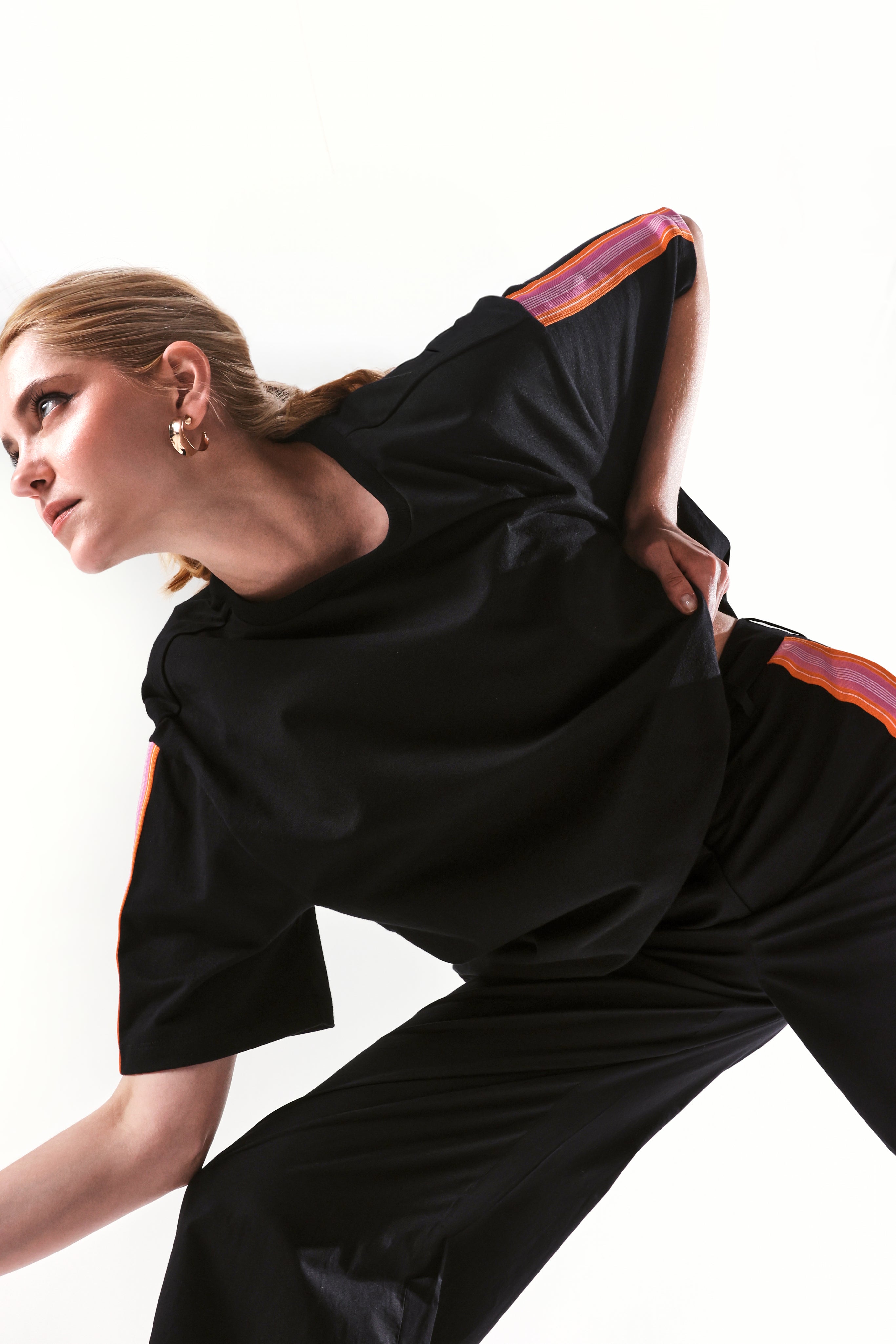 Rareism Women's Nonwen T Black Polyester Blend Crew Neck Striped Oversized T-Shirt