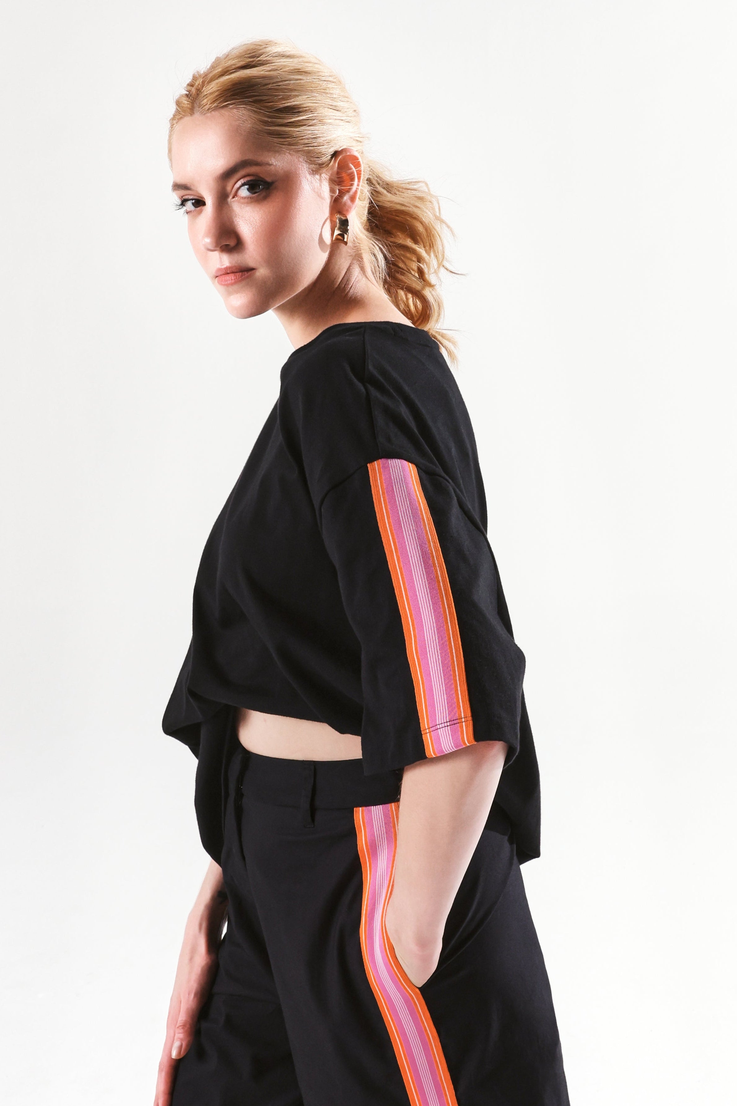 Rareism Women's Nonwen T Black Polyester Blend Crew Neck Striped Oversized T-Shirt