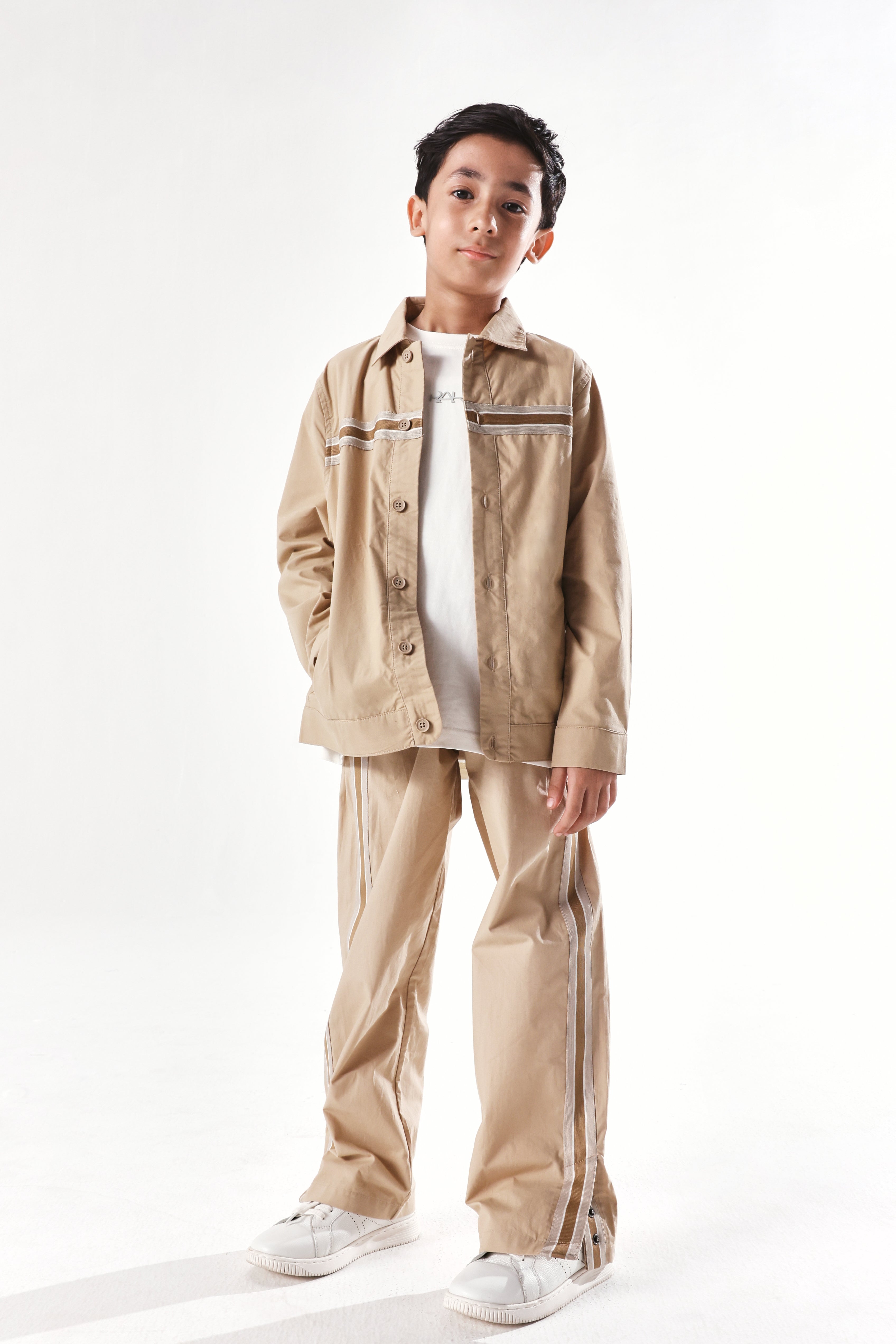 Rare Ones Kids Taper-B Beige Button & Zip Closure Regular Fit Tape Detailed Cotton Trouser