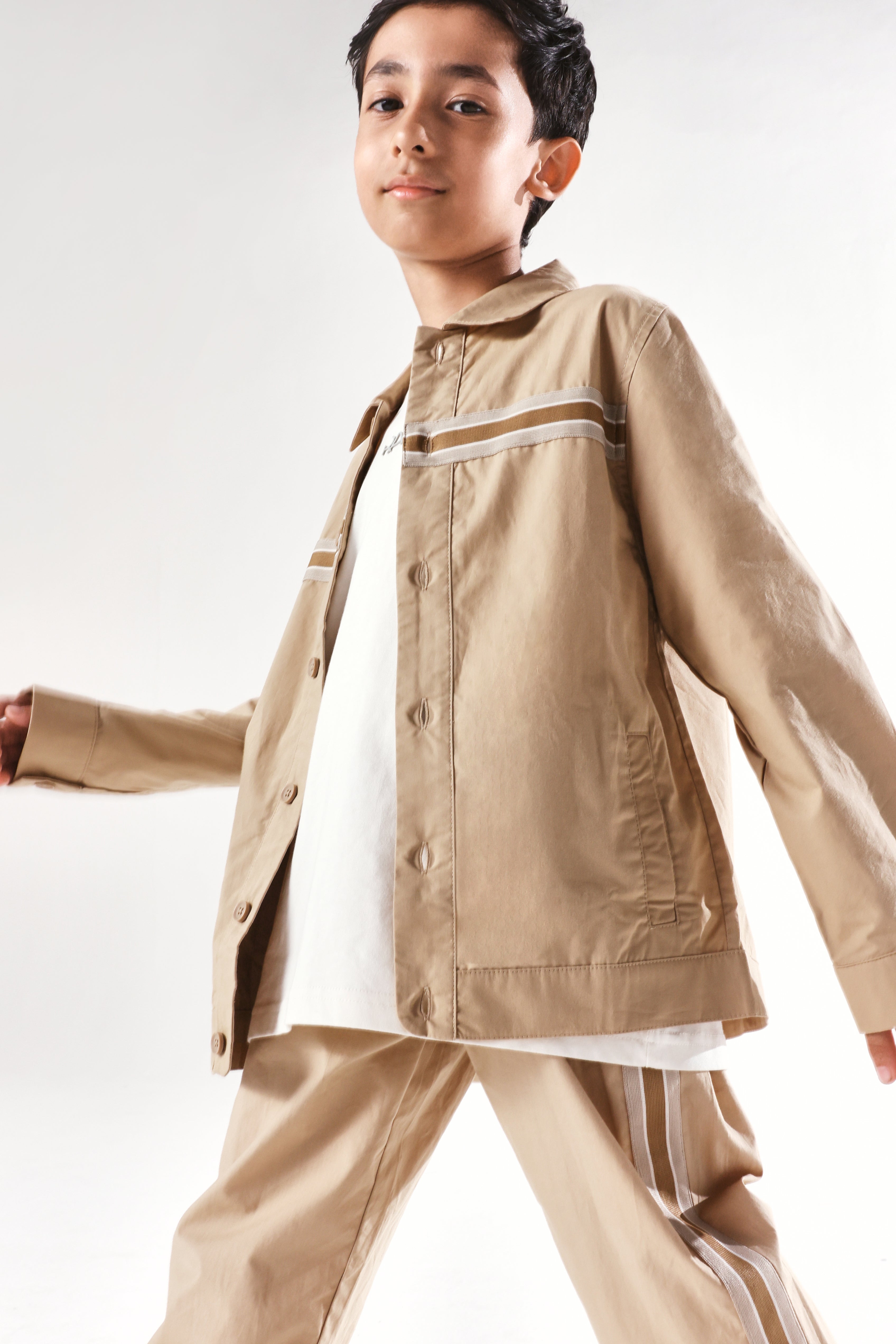 Rare Ones Kids Taper-S Beige Cotton Full Sleeve Button Closure Solid Terron Fit Shacket