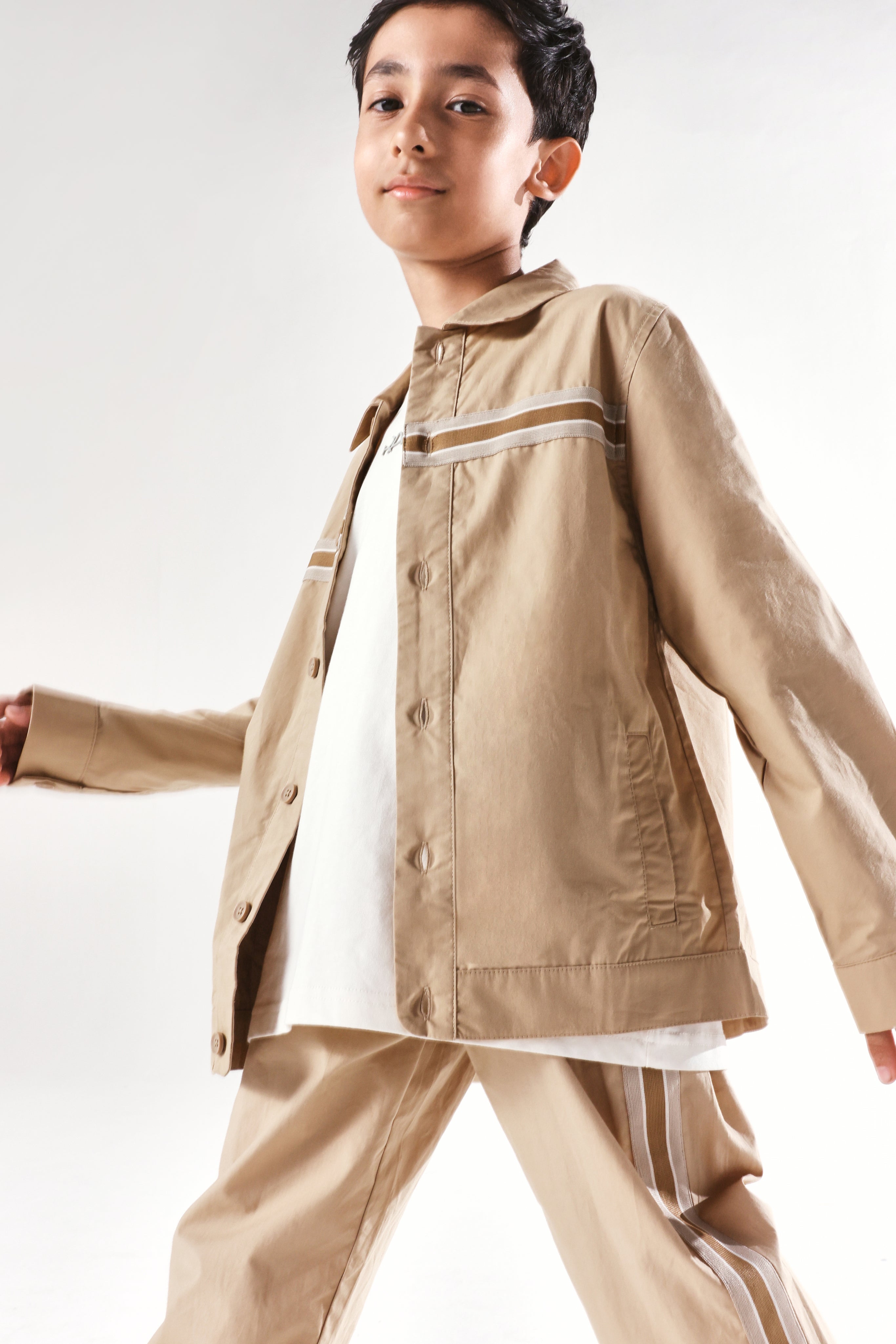 Rare Ones Kids Taper-S Beige Cotton Full Sleeve Button Closure Solid Terron Fit Shacket