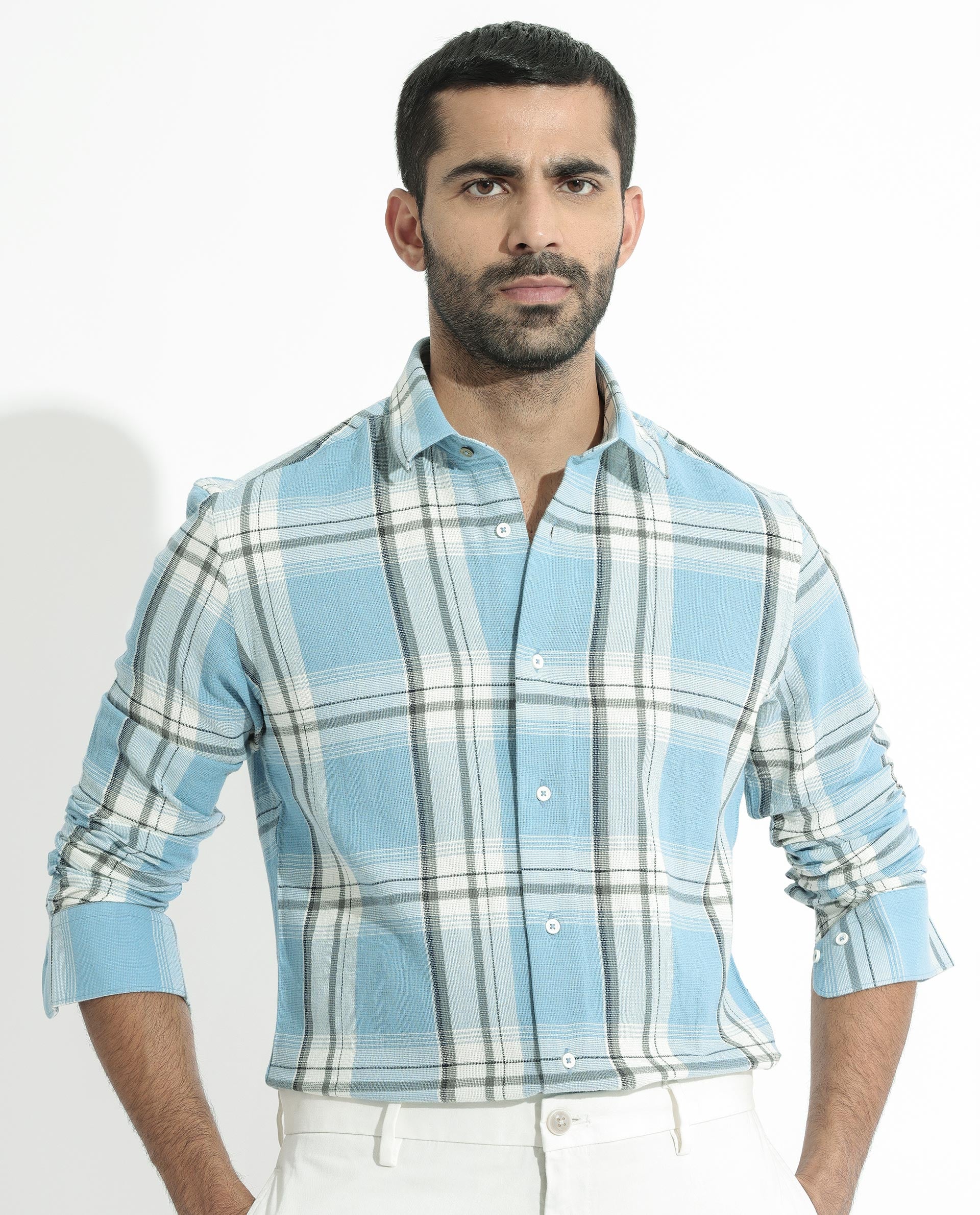 Rare Rabbit Men's Taverna Blue Full Sleeves Checks Shirt