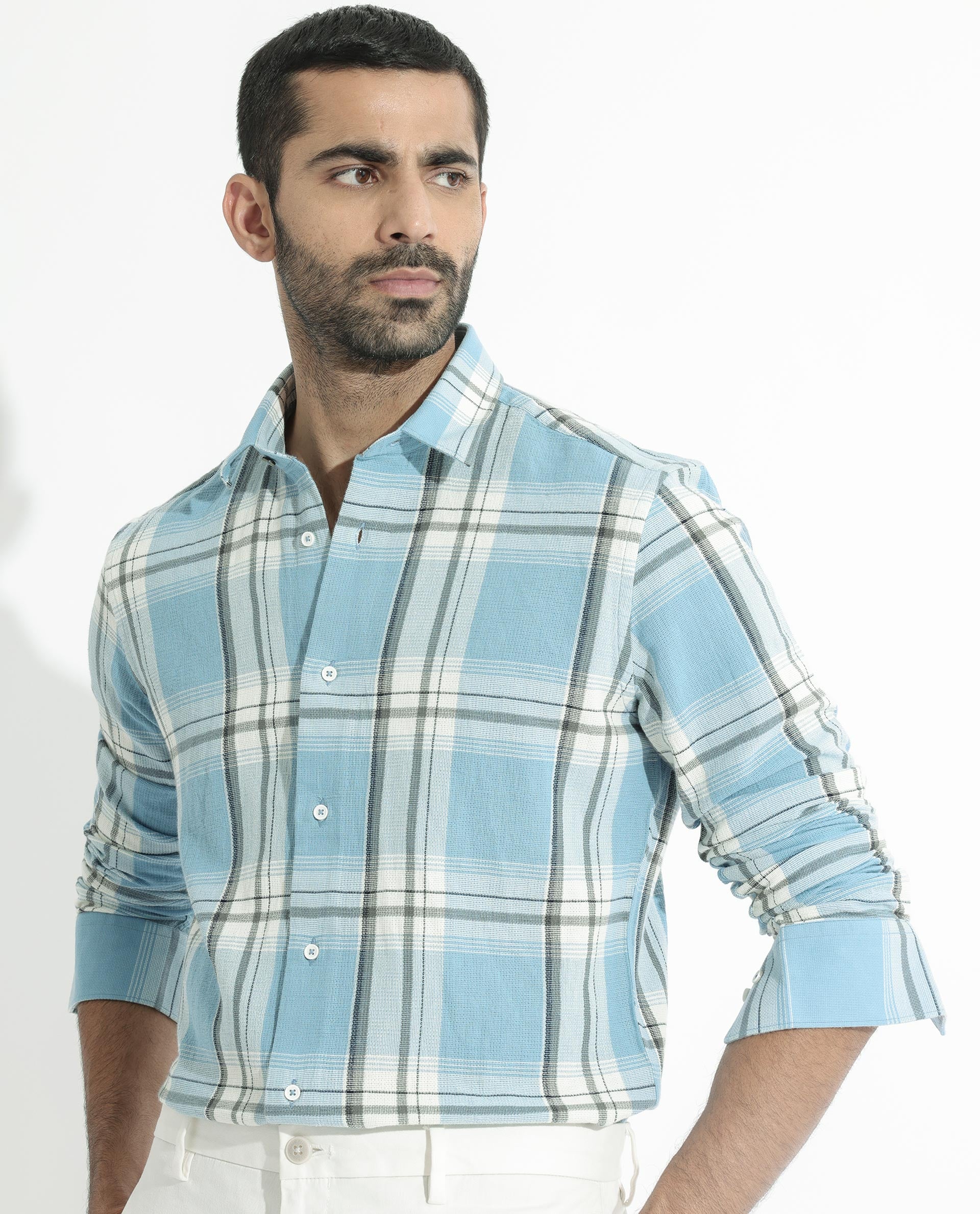 Rare Rabbit Men's Taverna Blue Full Sleeves Checks Shirt