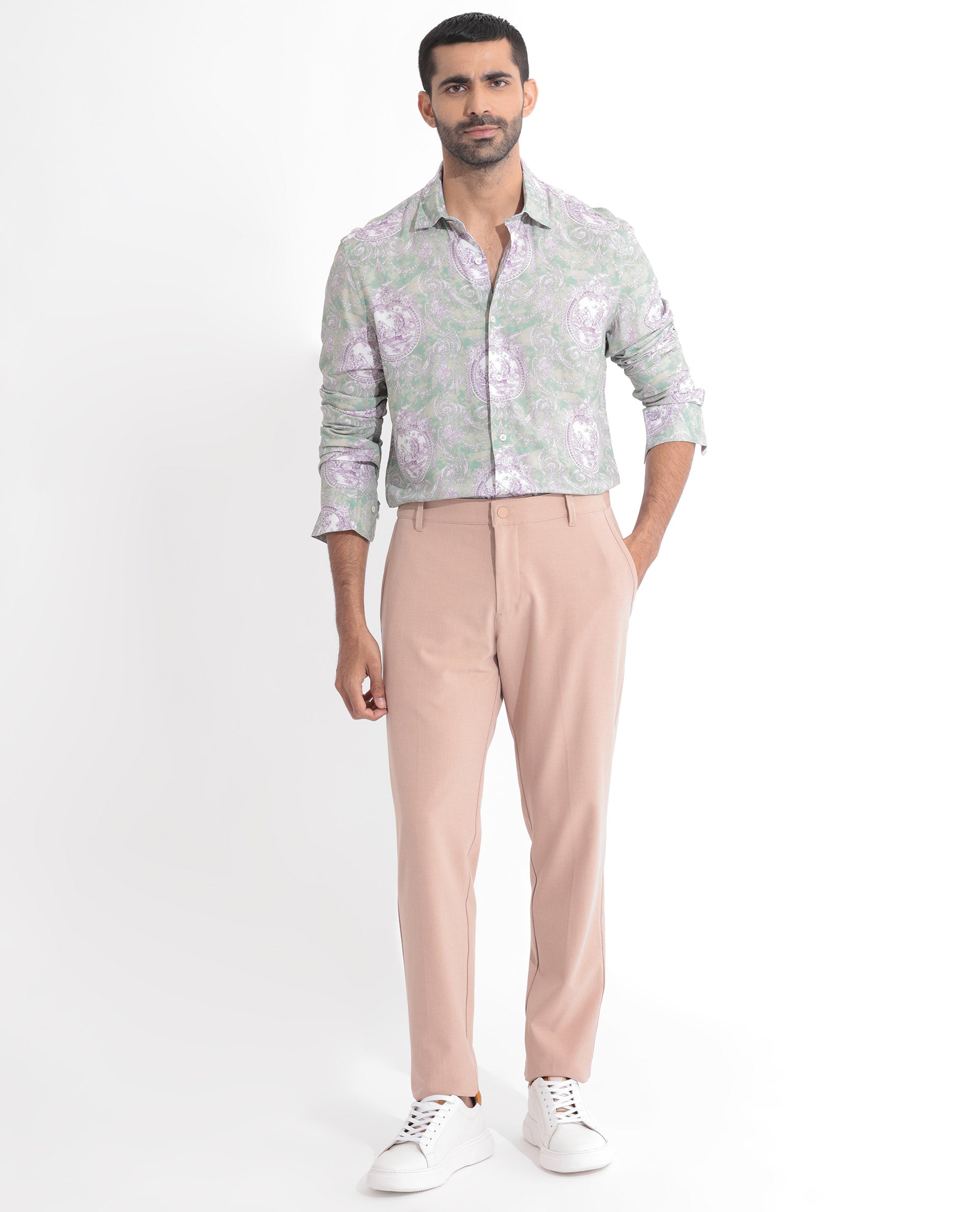 Rare Rabbit Men's Theon Dusky Green Viscose Fabric Full Sleeves Ornament Print Shirt