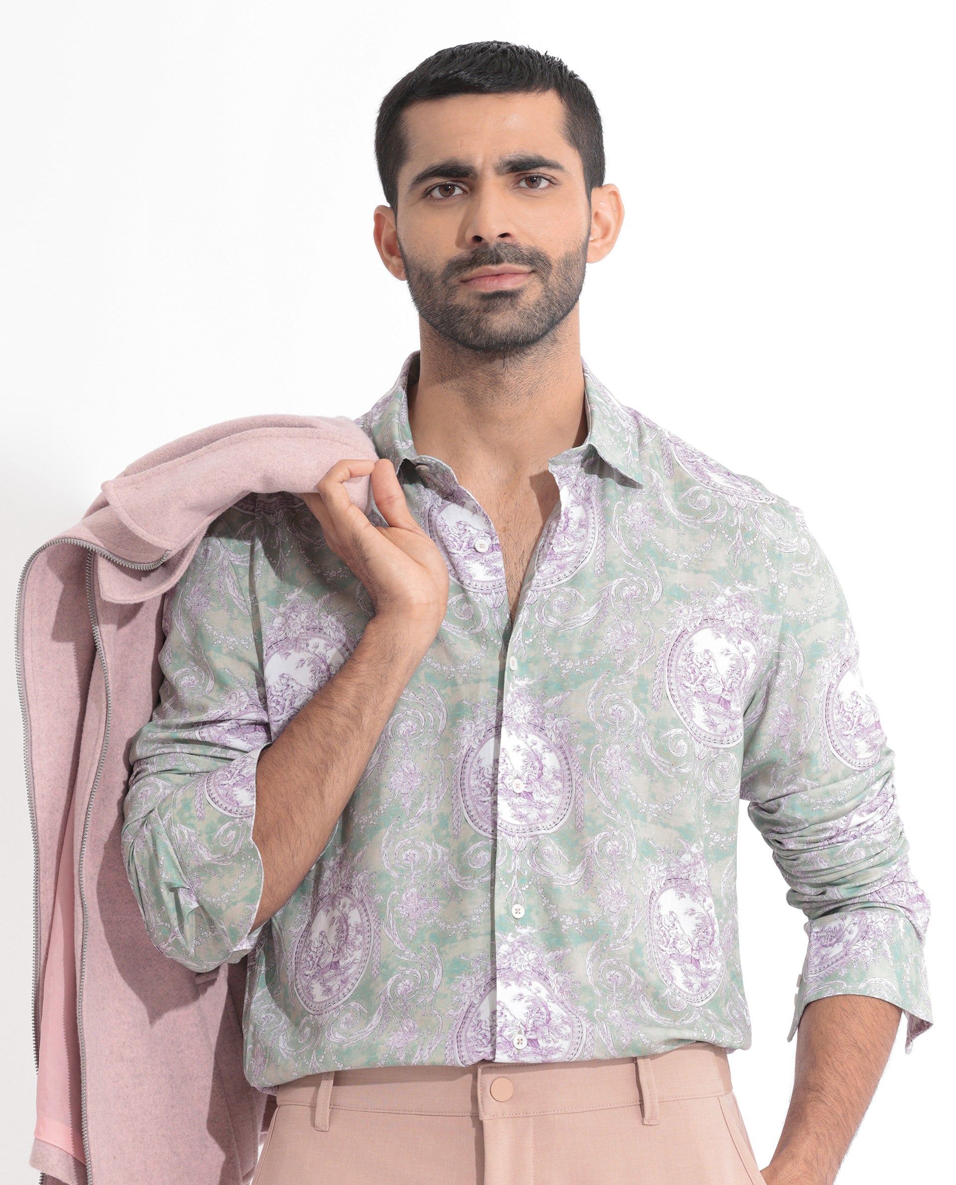 Rare Rabbit Men's Theon Dusky Green Viscose Fabric Full Sleeves Ornament Print Shirt