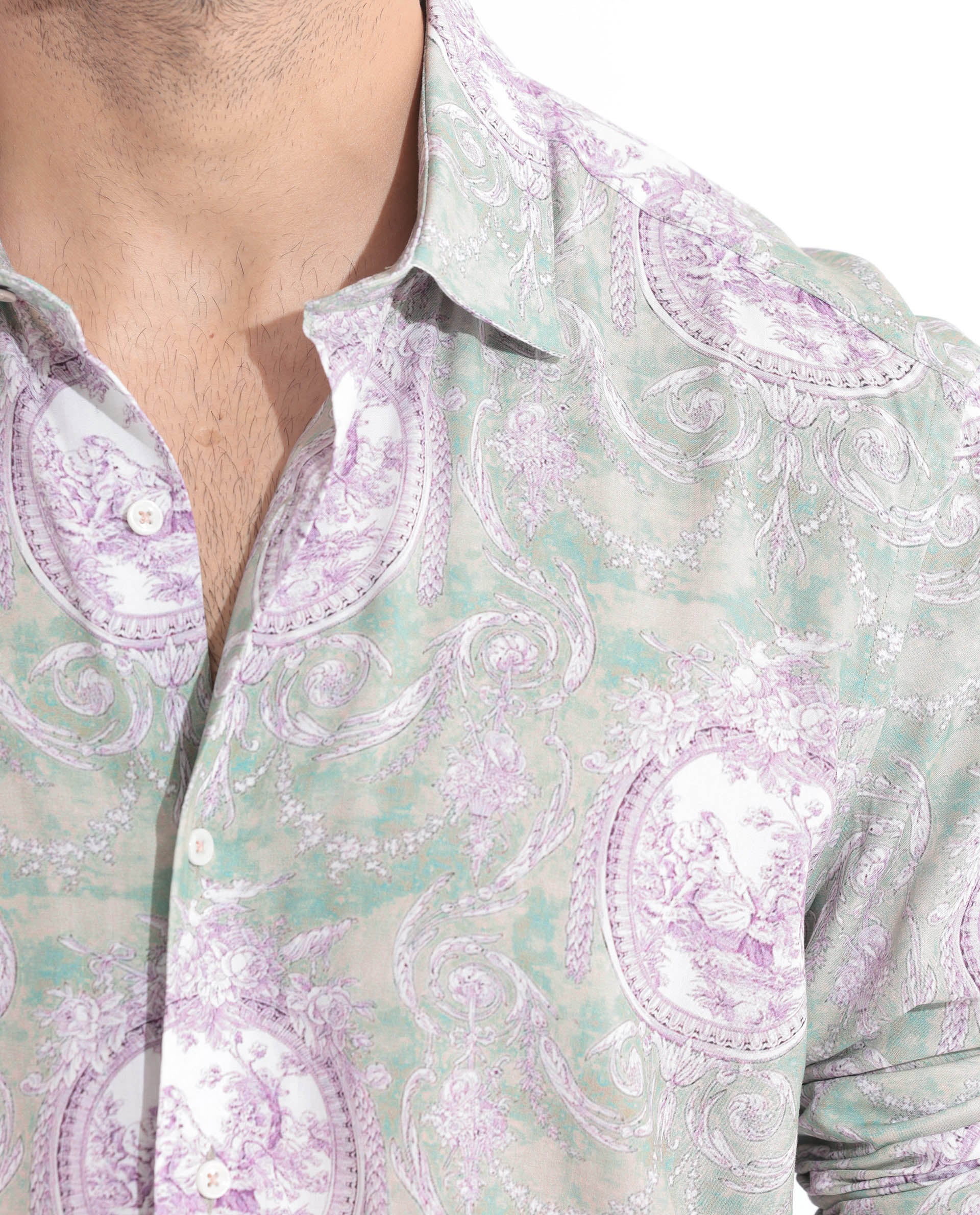 Rare Rabbit Men's Theon Dusky Green Viscose Fabric Full Sleeves Ornament Print Shirt