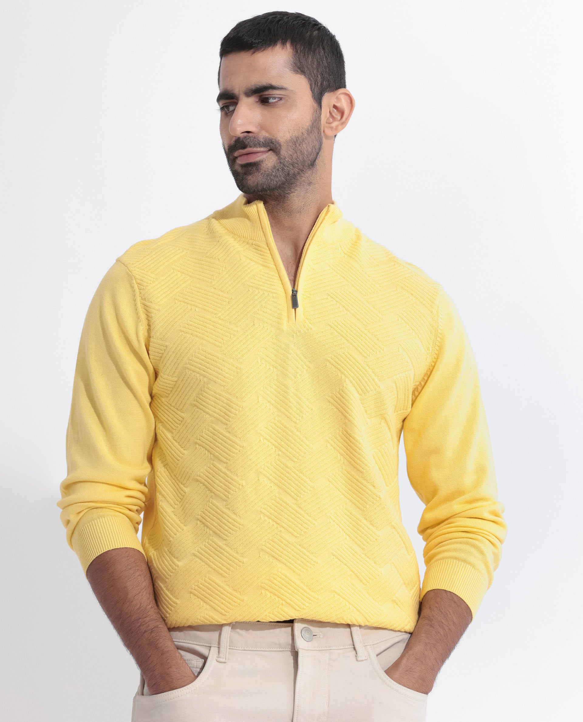 Rare Rabbit Mens Troyo Yellow Sweater Full Sleeve High Neck Solid