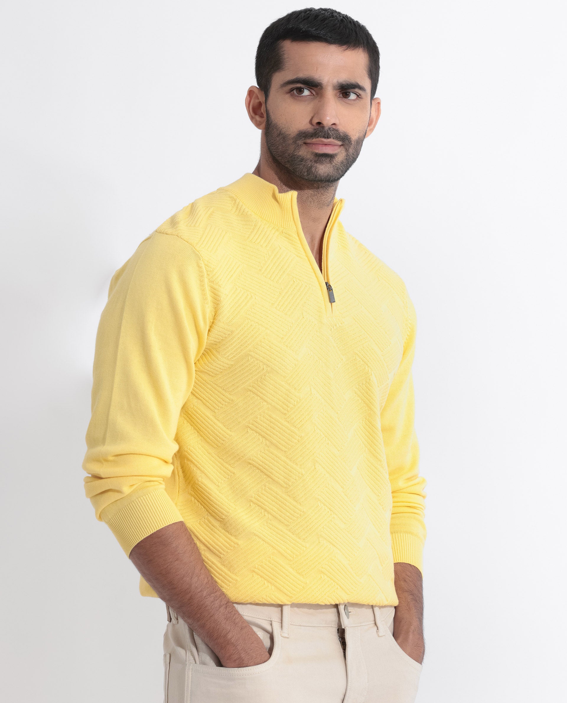 Rare Rabbit Mens Troyo Yellow Sweater Full Sleeve High Neck Solid