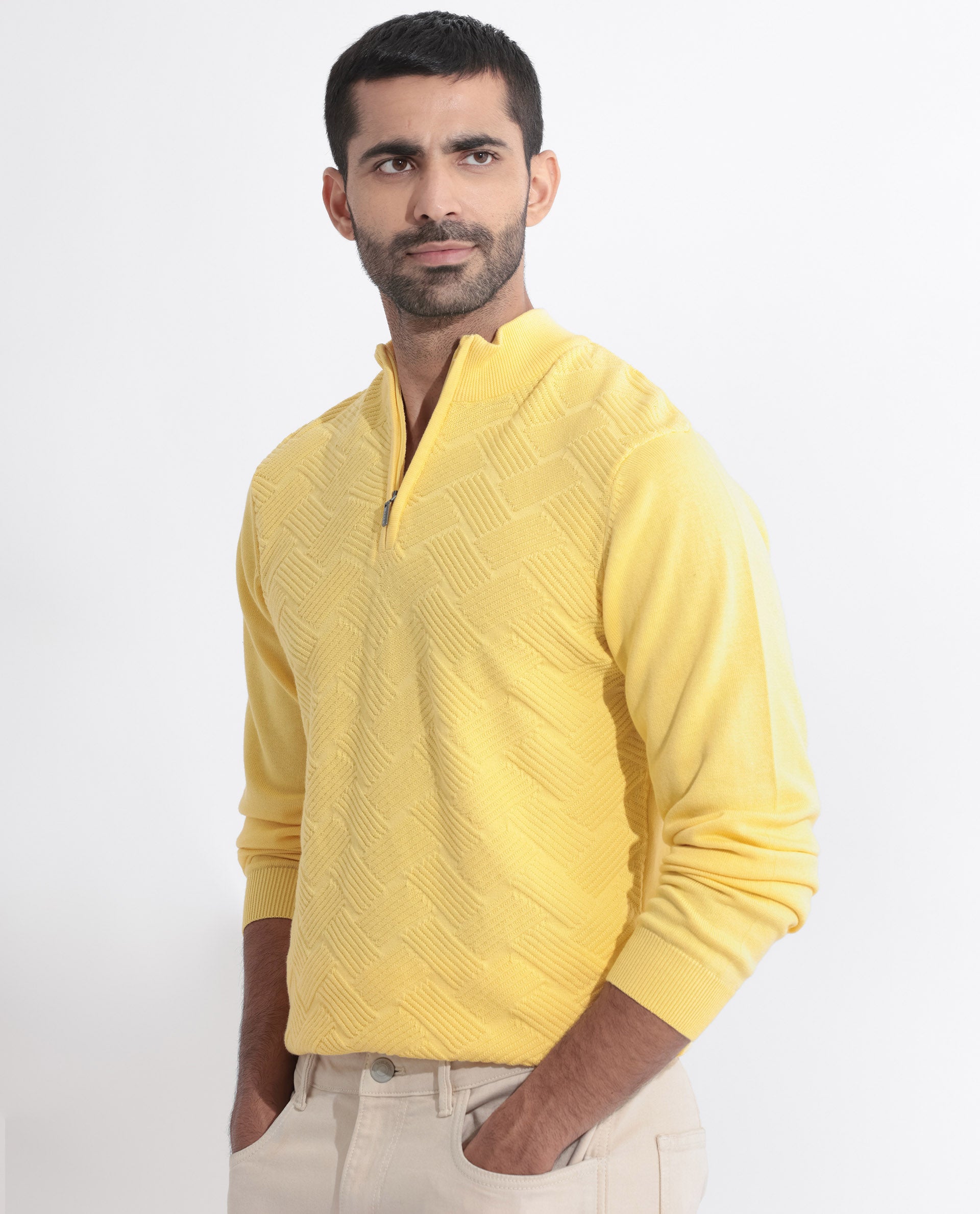 Rare Rabbit Mens Troyo Yellow Sweater Full Sleeve High Neck Solid