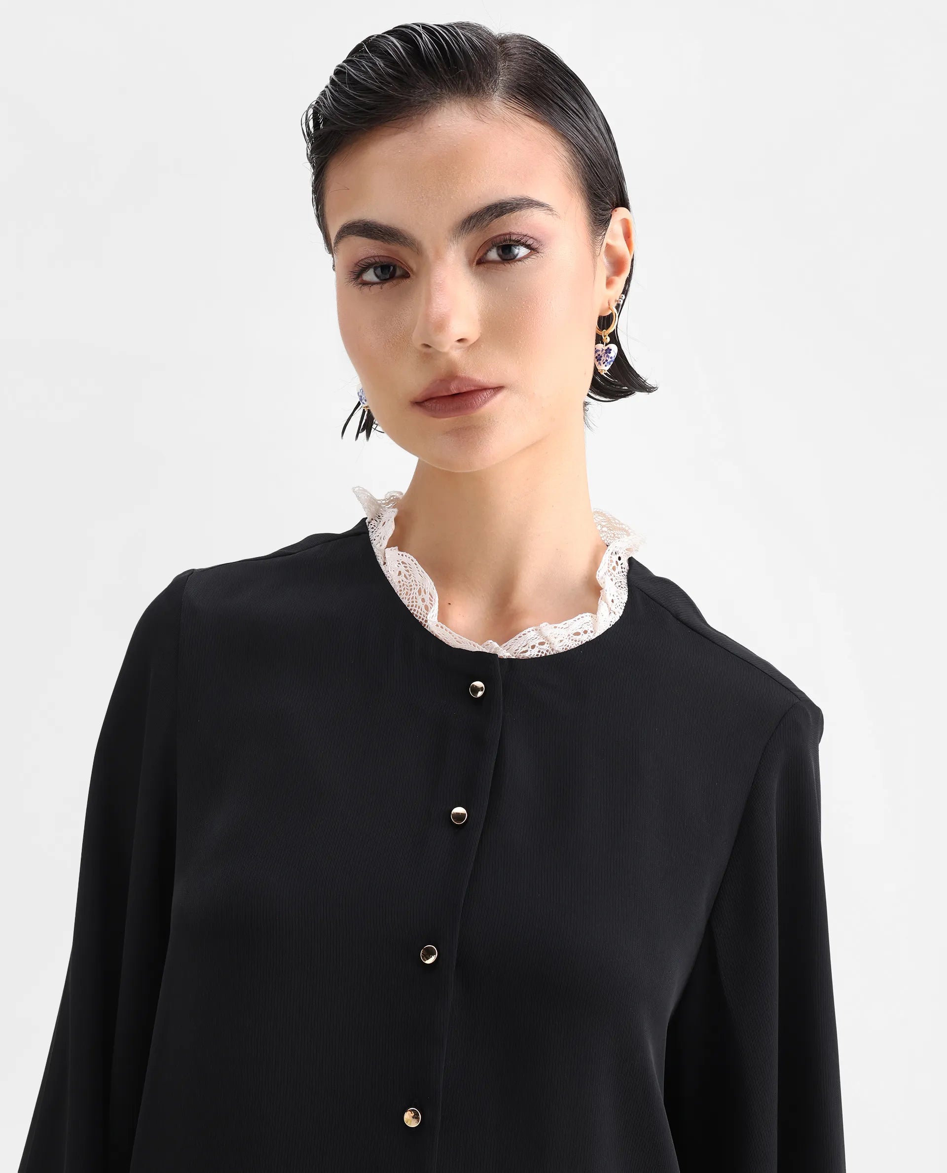 Rareism Women's Ubik Black Polyester Blend Crew Neck Plain Bishop Sleeve Regular Fit Top