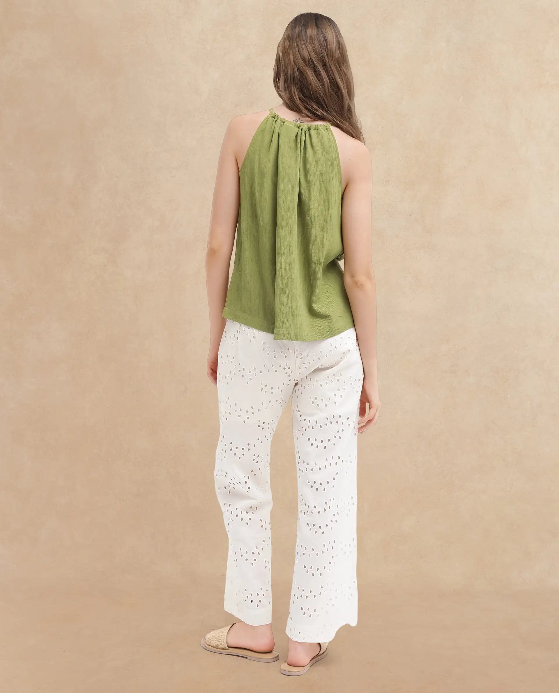 Rareism Women's Udine Green Rayon Halter Neck Plain Sleeveless Regular Fit Top