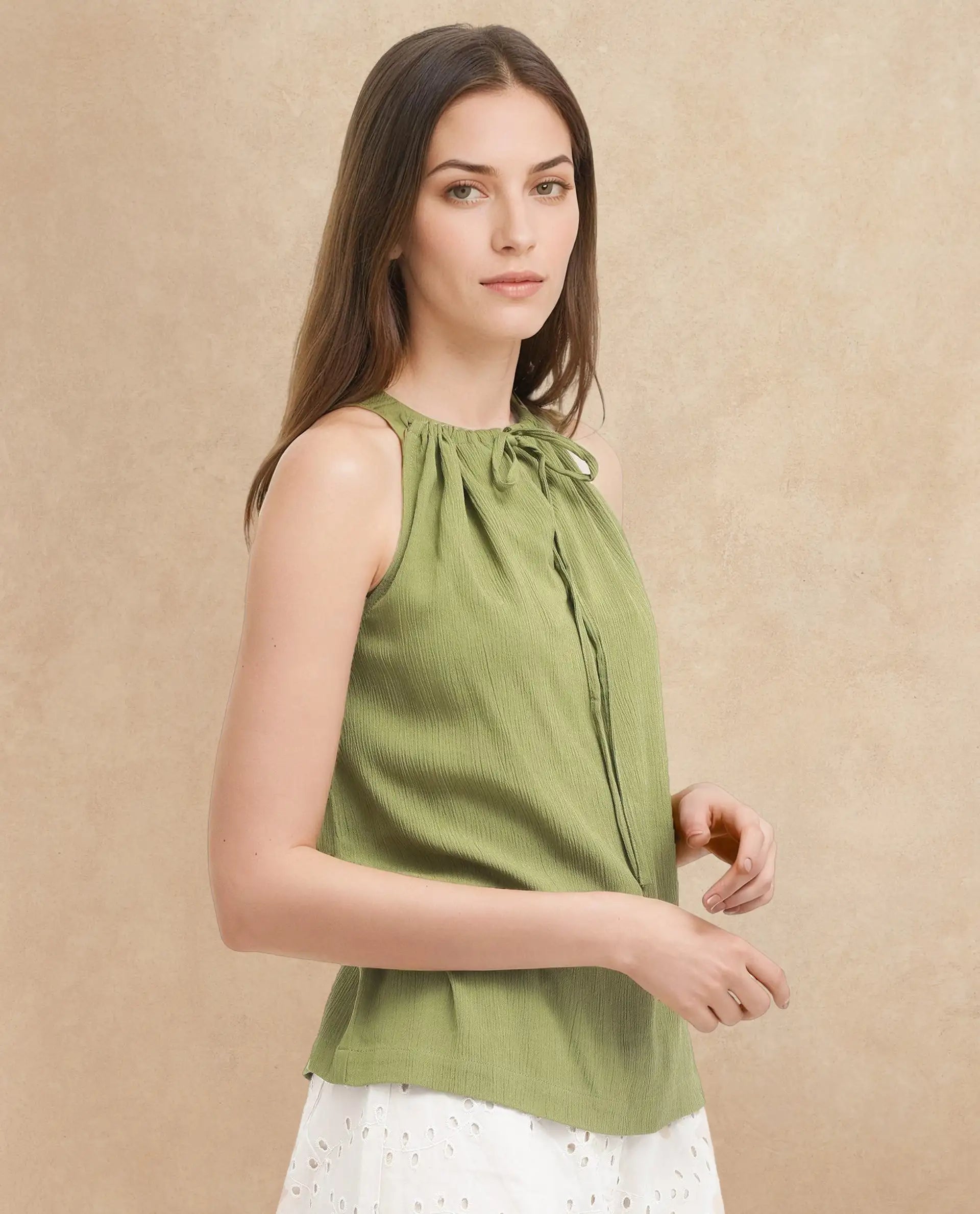Rareism Women's Udine Green Rayon Halter Neck Plain Sleeveless Regular Fit Top