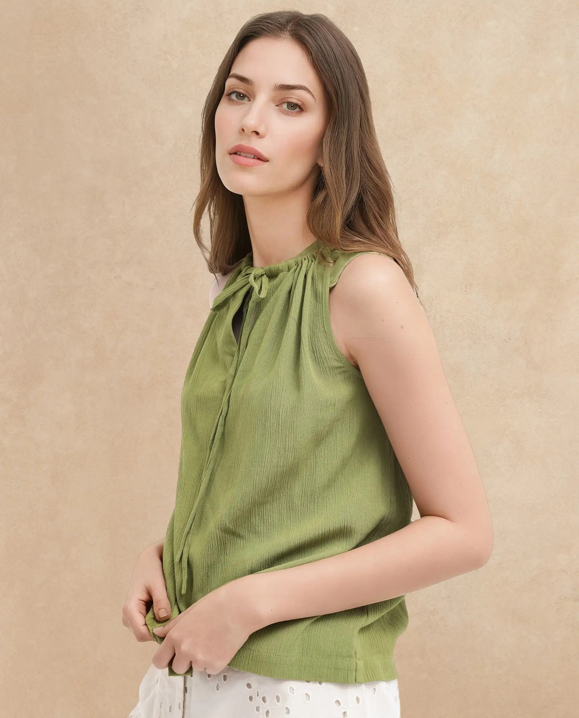 Rareism Women's Udine Green Rayon Halter Neck Plain Sleeveless Regular Fit Top