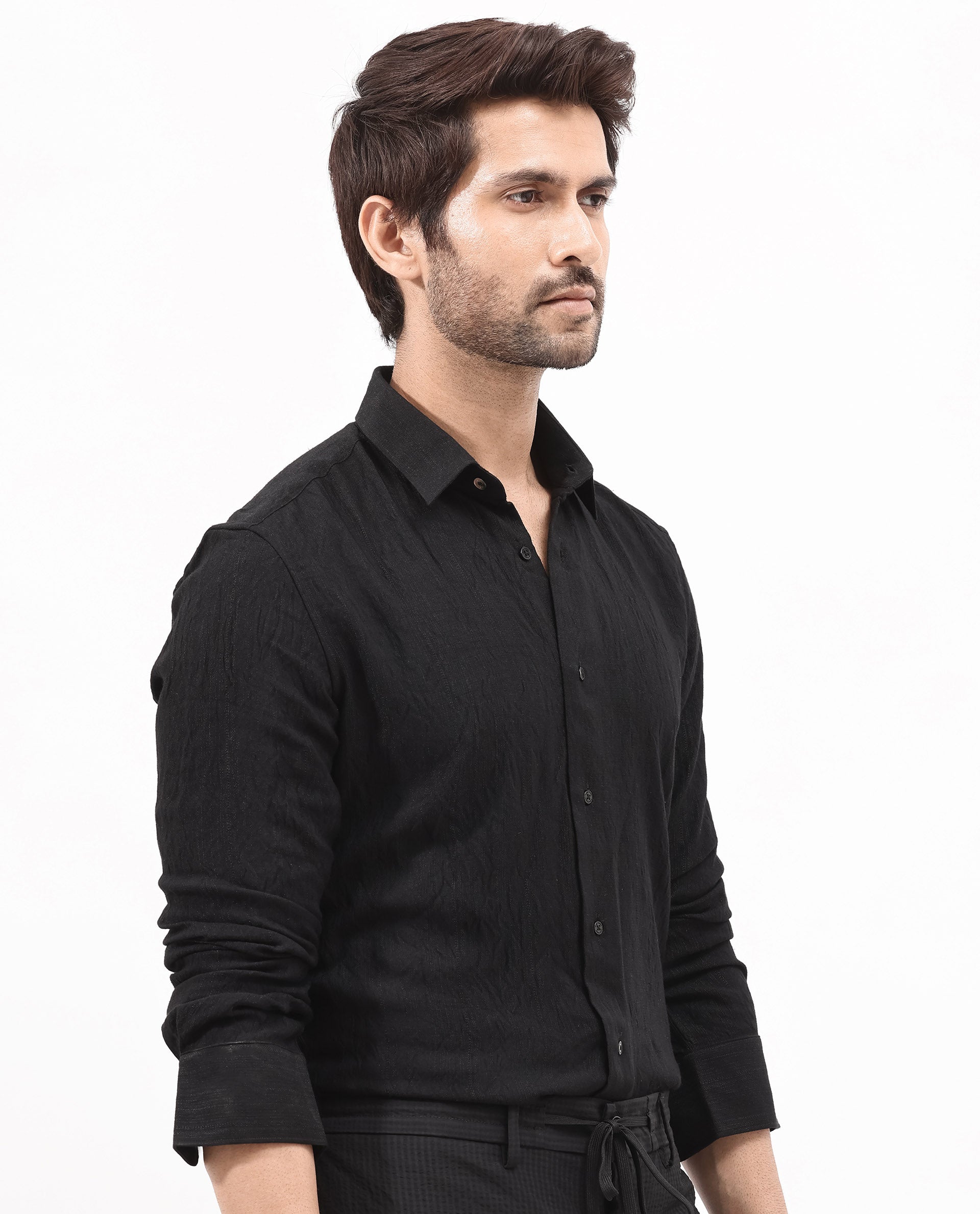 Rare Rabbit Mens Ufa Black Viscose Nylon Blend Fabric Full Sleeve Regular Fit Textured Solid Shirt