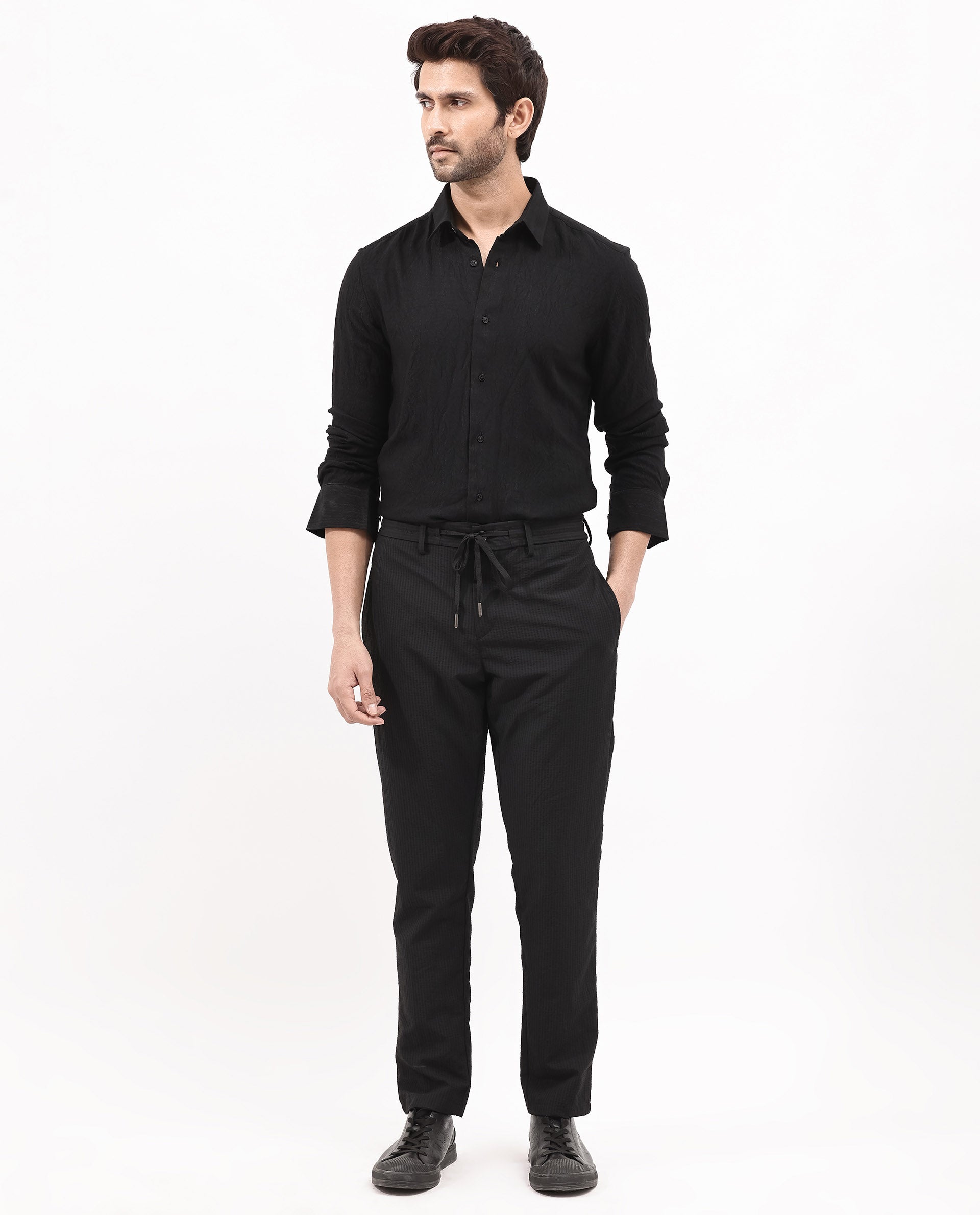 Rare Rabbit Mens Ufa Black Viscose Nylon Blend Fabric Full Sleeve Regular Fit Textured Solid Shirt