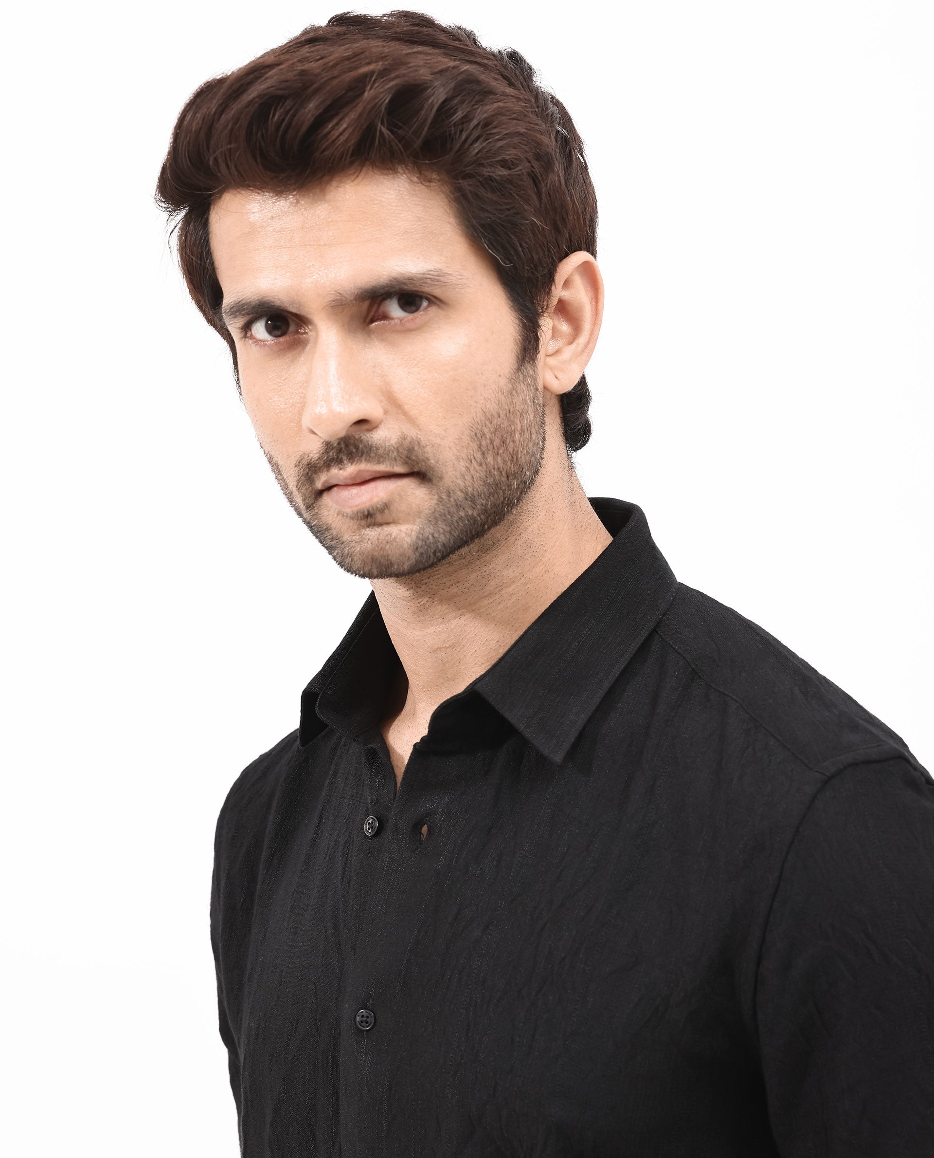 Rare Rabbit Mens Ufa Black Viscose Nylon Blend Fabric Full Sleeve Regular Fit Textured Solid Shirt