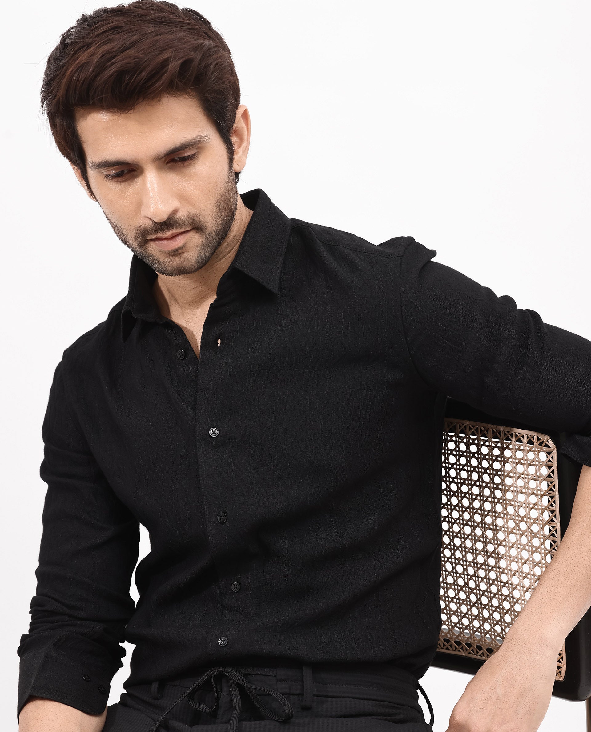 Rare Rabbit Mens Ufa Black Viscose Nylon Blend Fabric Full Sleeve Regular Fit Textured Solid Shirt