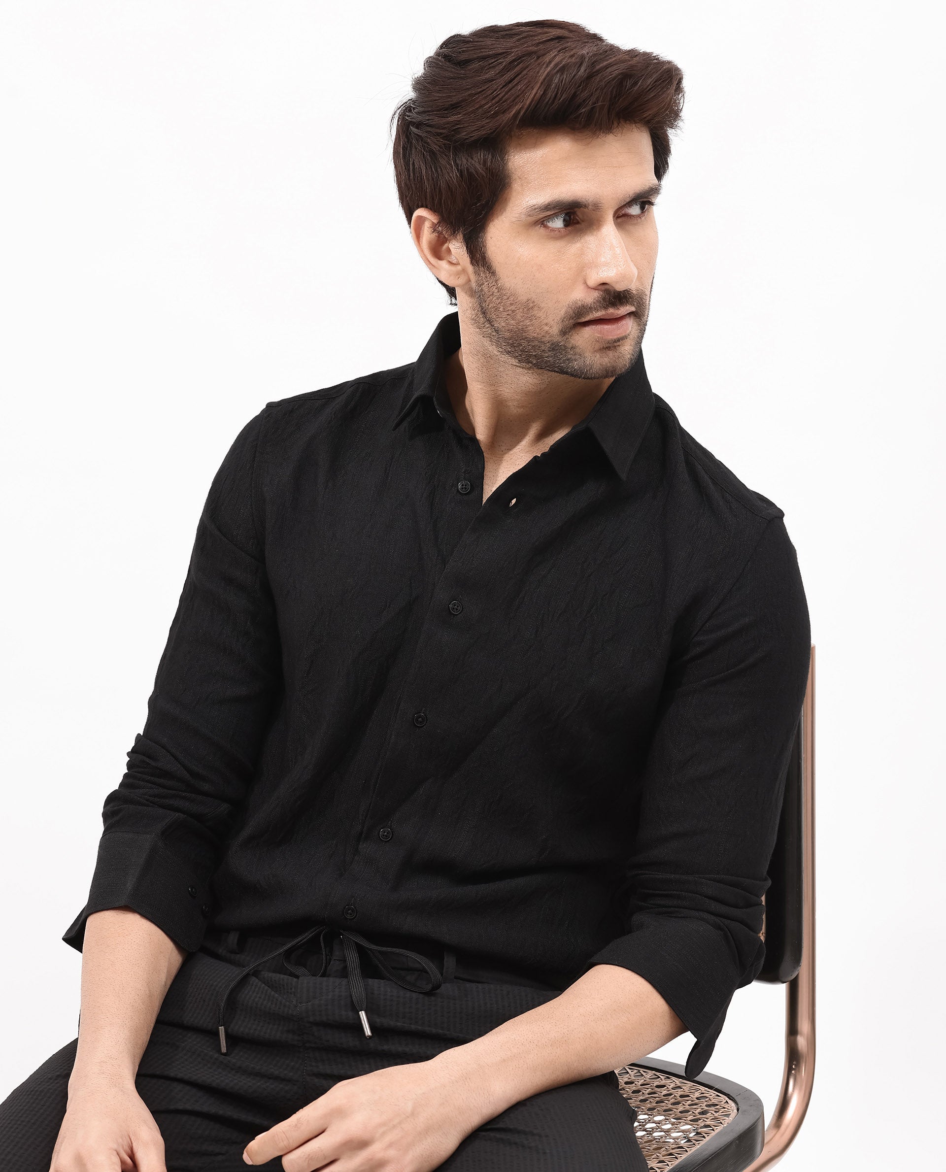 Rare Rabbit Mens Ufa Black Viscose Nylon Blend Fabric Full Sleeve Regular Fit Textured Solid Shirt