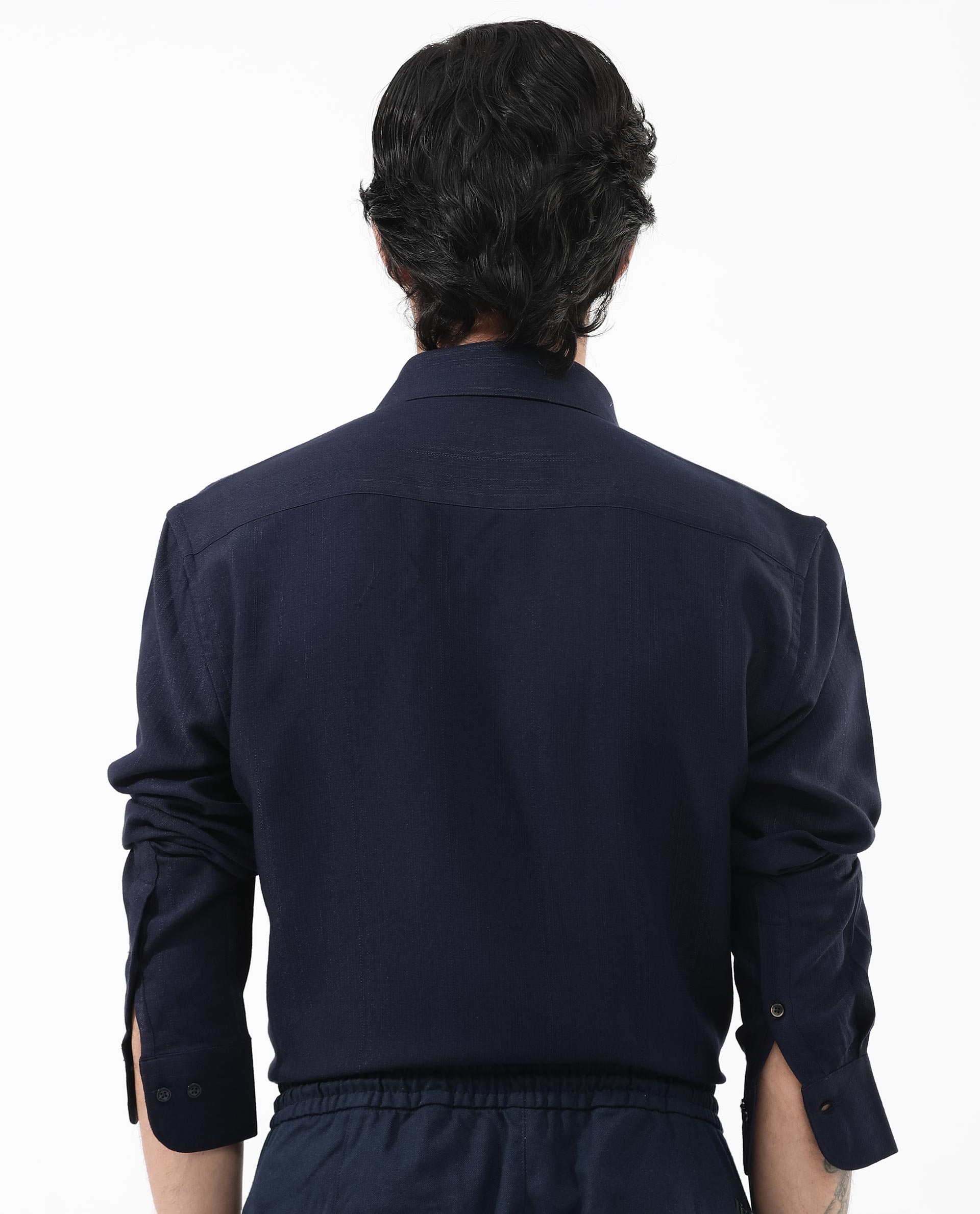 Rare Rabbit Mens Ufa Navy Viscose Nylon Blend Fabric Full Sleeve Regular Fit Textured Solid Shirt