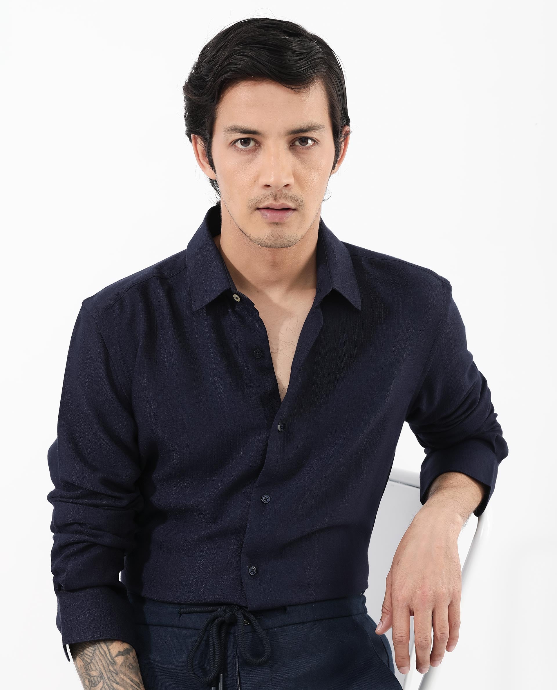 Rare Rabbit Mens Ufa Navy Viscose Nylon Blend Fabric Full Sleeve Regular Fit Textured Solid Shirt