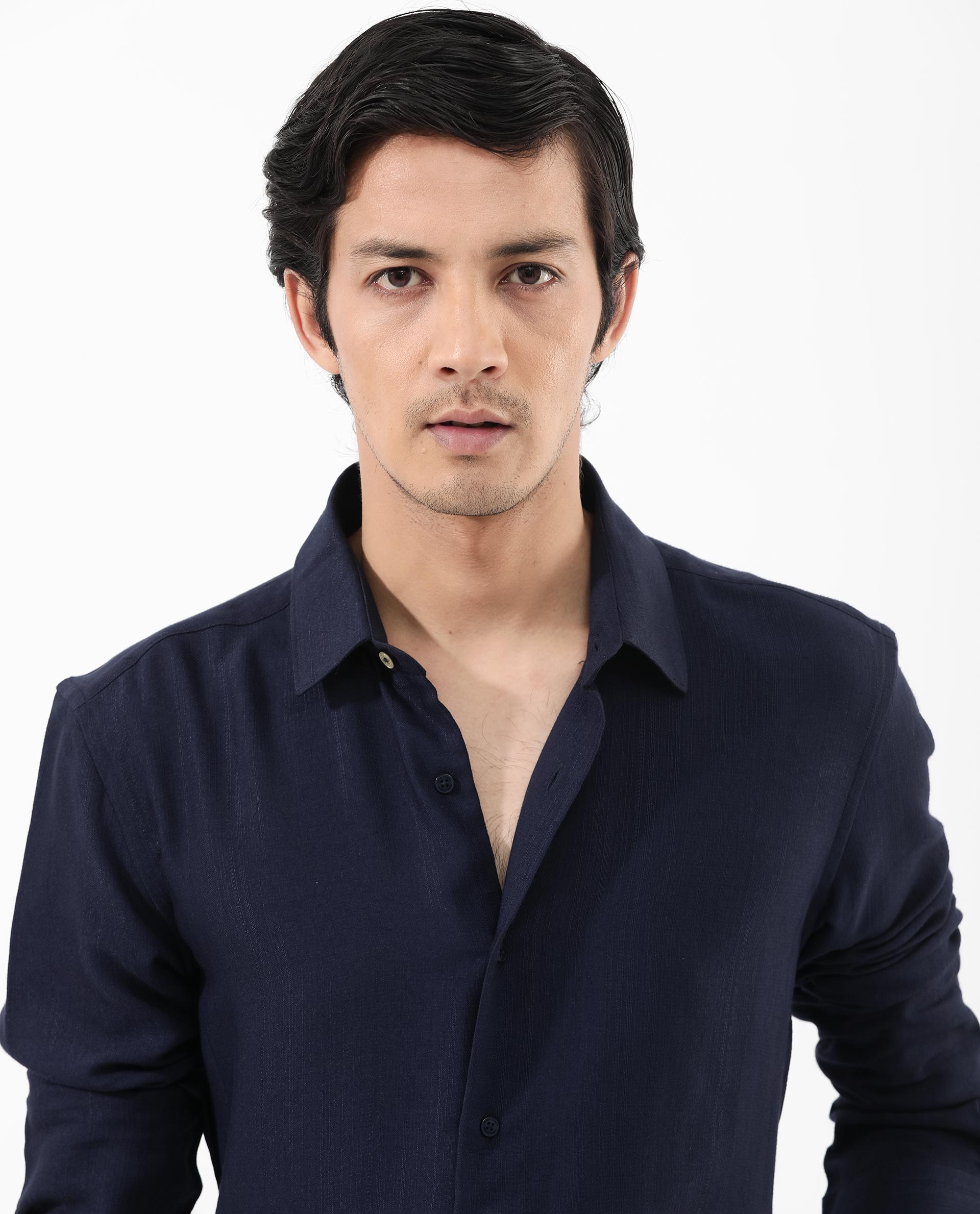 Rare Rabbit Mens Ufa Navy Viscose Nylon Blend Fabric Full Sleeve Regular Fit Textured Solid Shirt