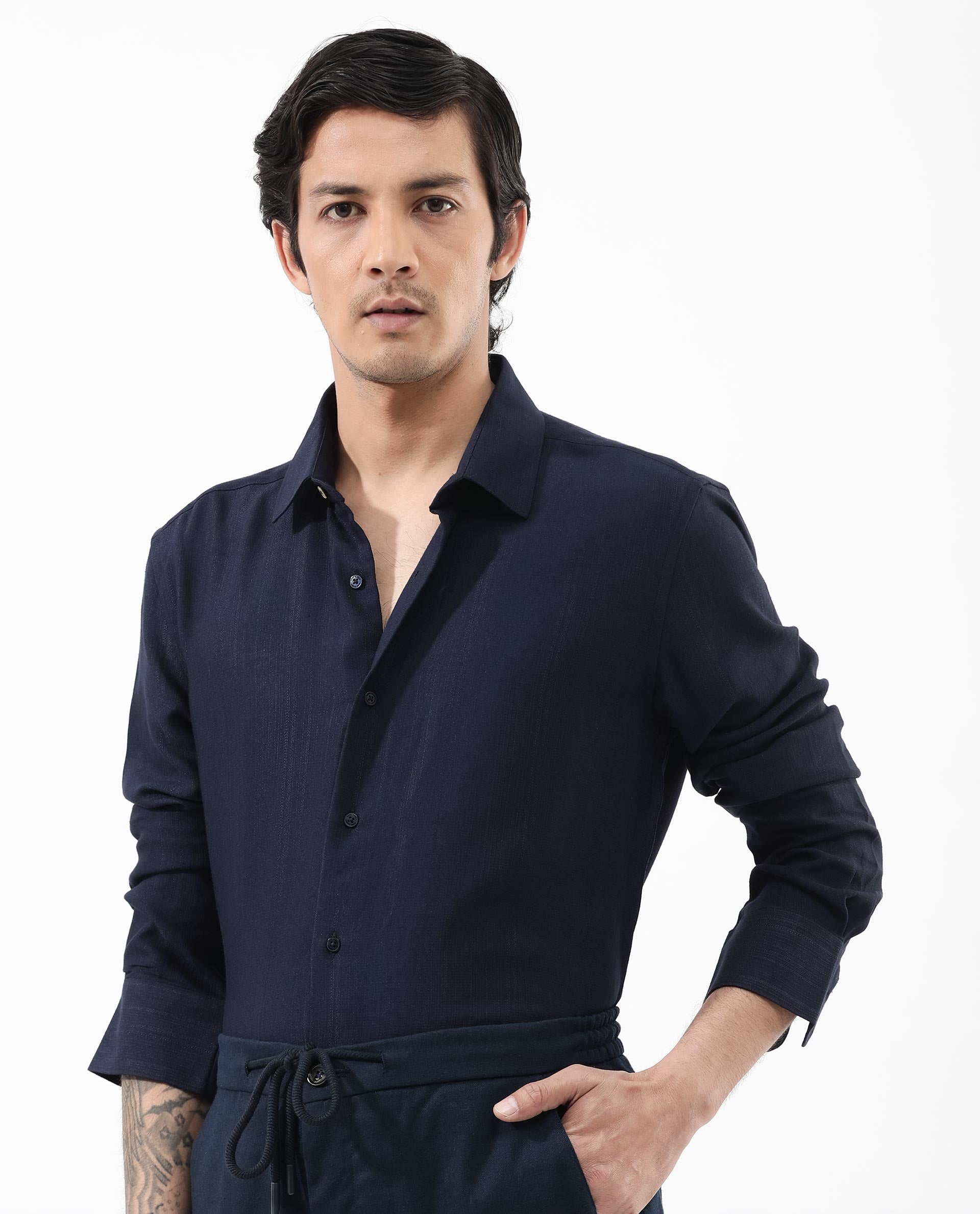 Rare Rabbit Mens Ufa Navy Viscose Nylon Blend Fabric Full Sleeve Regular Fit Textured Solid Shirt