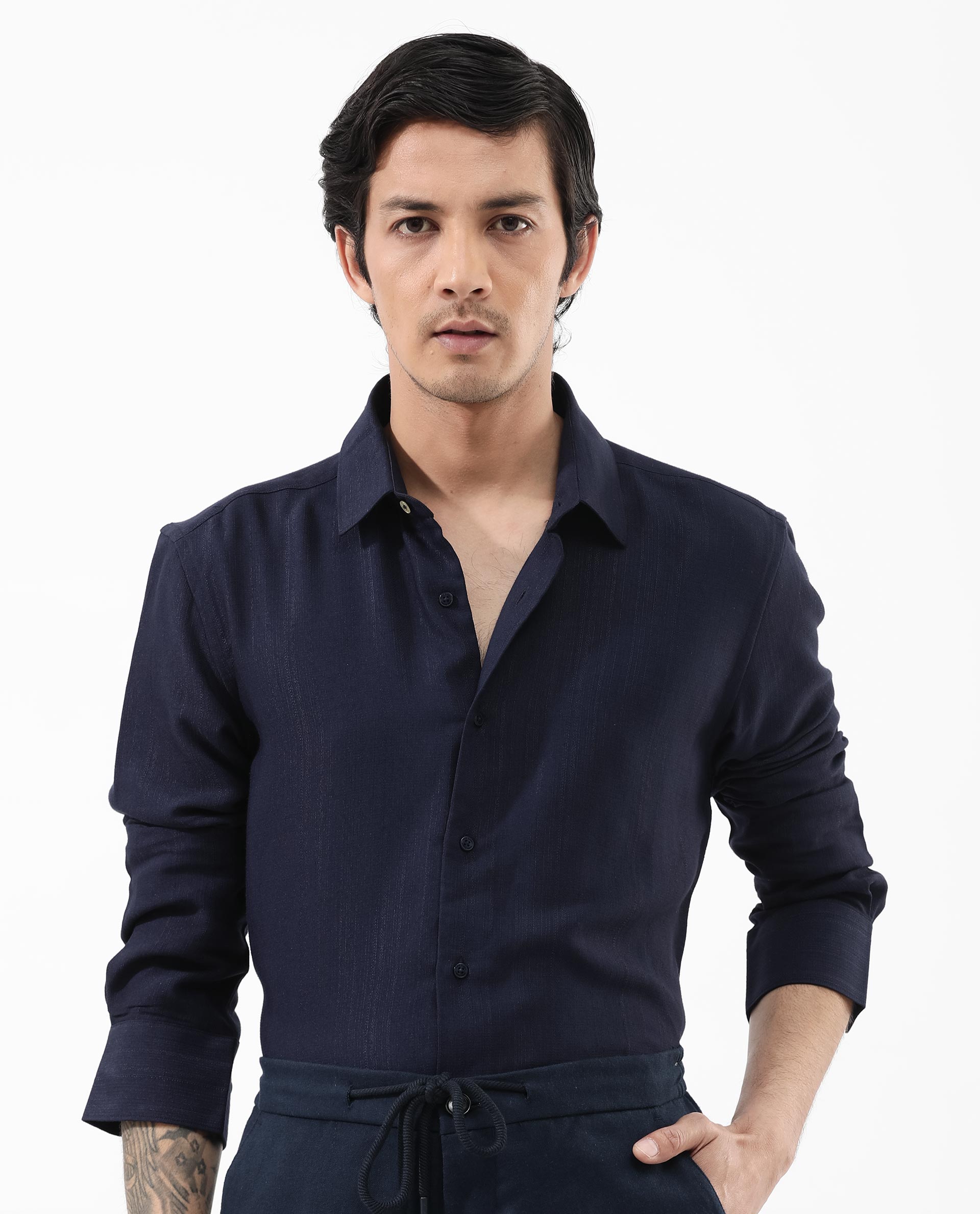 Rare Rabbit Mens Ufa Navy Viscose Nylon Blend Fabric Full Sleeve Regular Fit Textured Solid Shirt