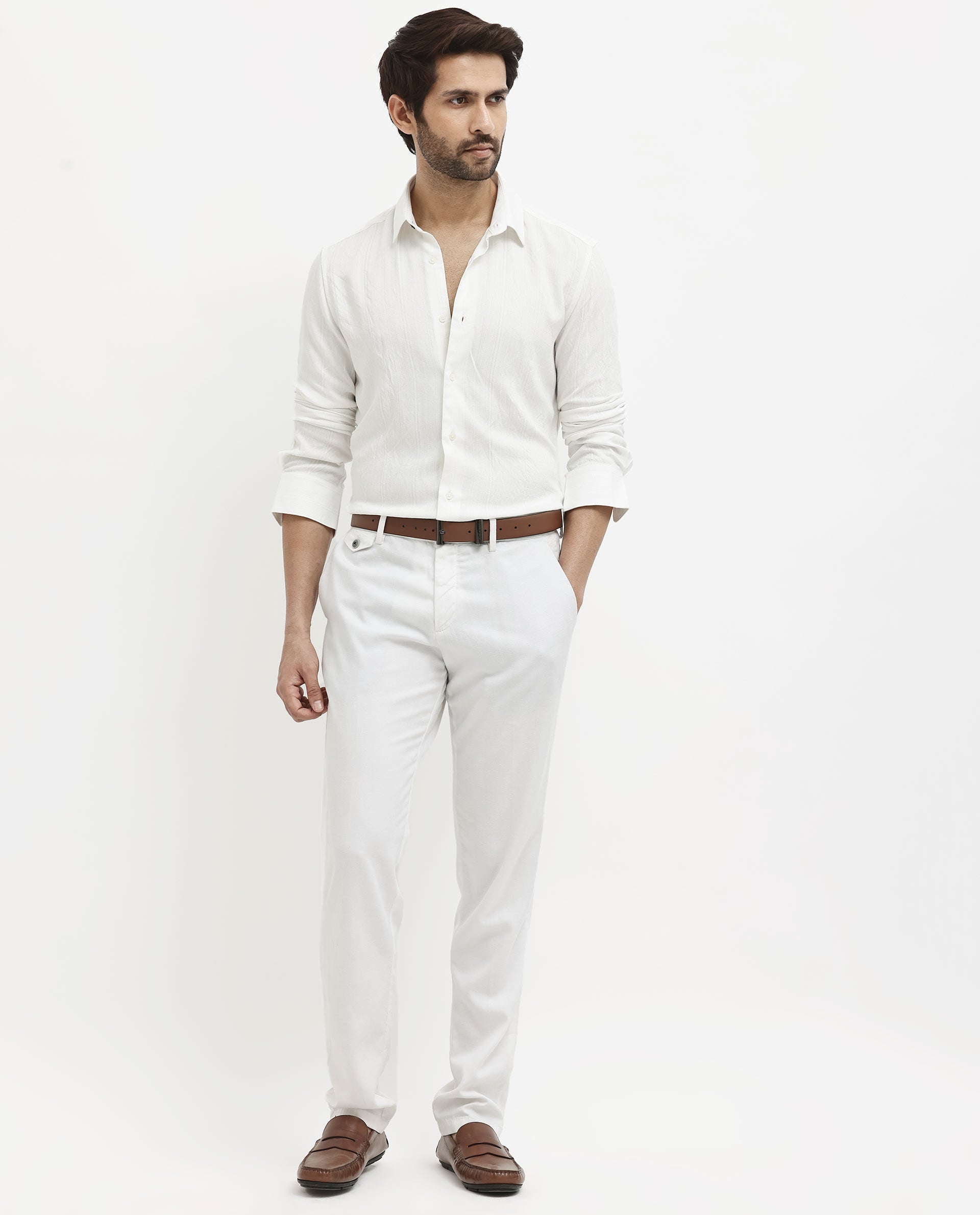 Rare Rabbit Mens Ufa White Viscose Nylon Blend Fabric Full Sleeve Regular Fit Textured Solid Shirt