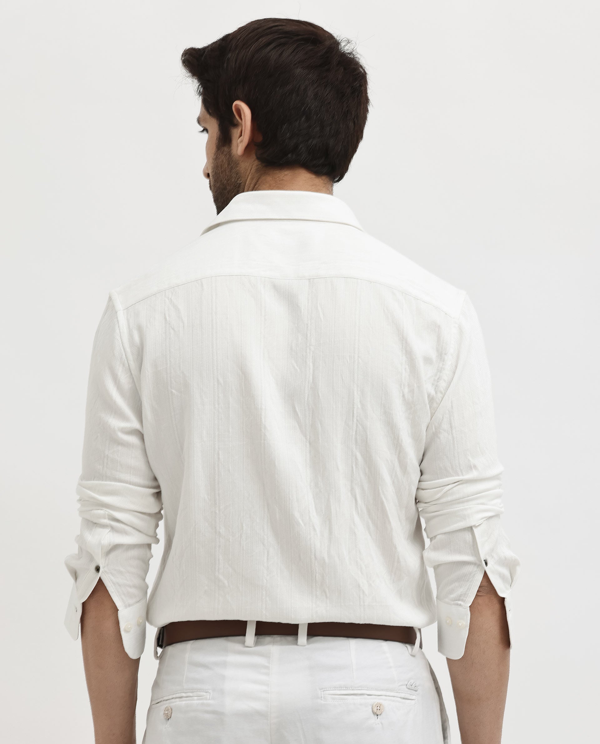 Rare Rabbit Mens Ufa White Viscose Nylon Blend Fabric Full Sleeve Regular Fit Textured Solid Shirt