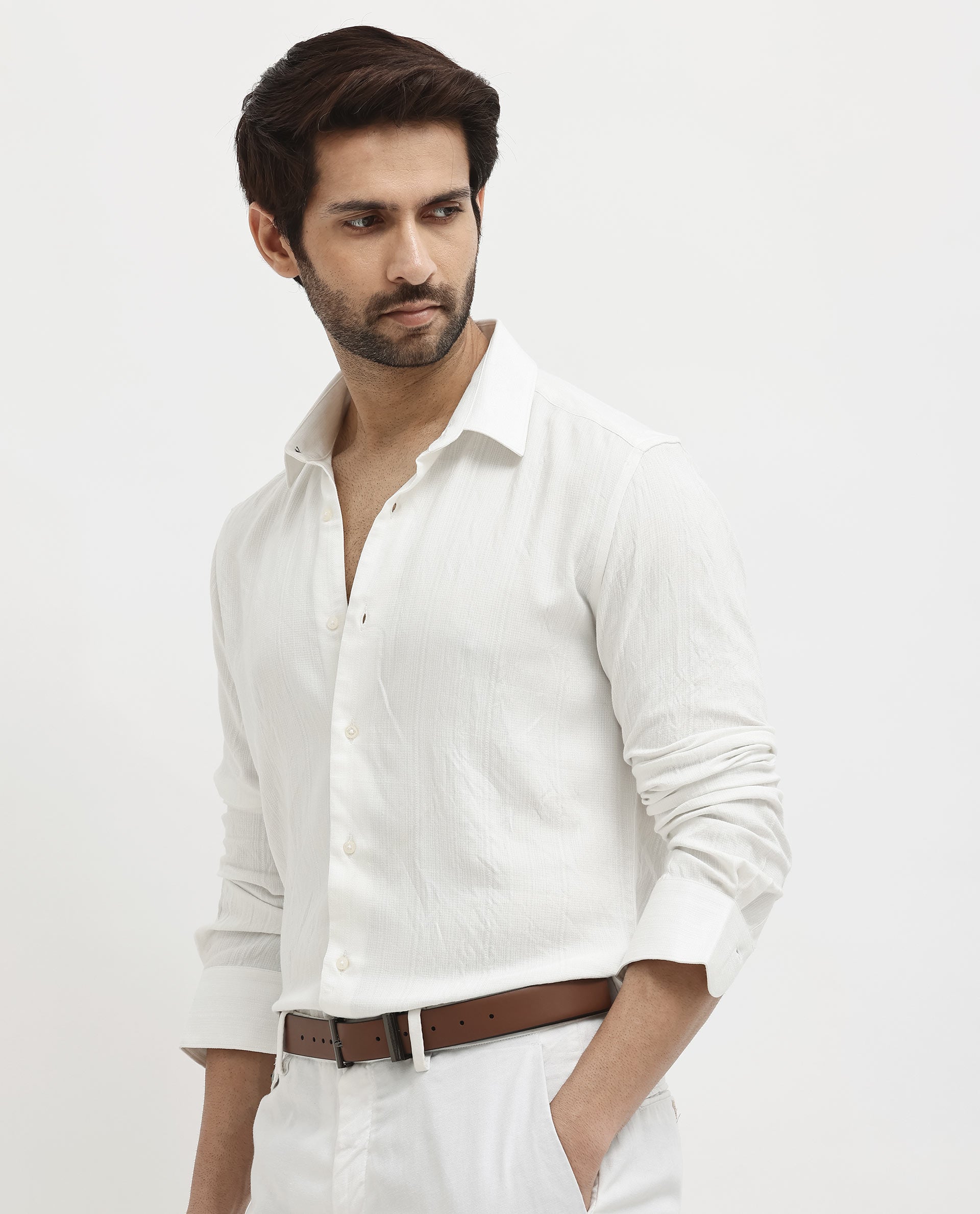 Rare Rabbit Mens Ufa White Viscose Nylon Blend Fabric Full Sleeve Regular Fit Textured Solid Shirt