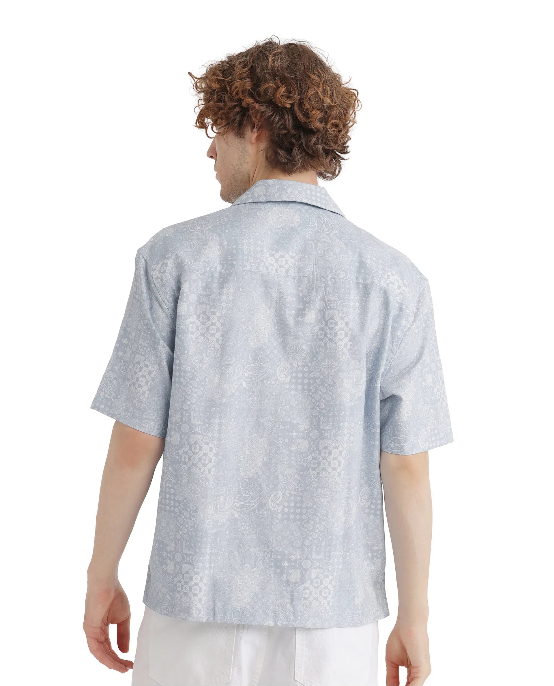 Rare Rabbit Men's Uffy Light Blue Cotton Fabric Short Sleeve Cuban Collared Button Closure Printed Shirt