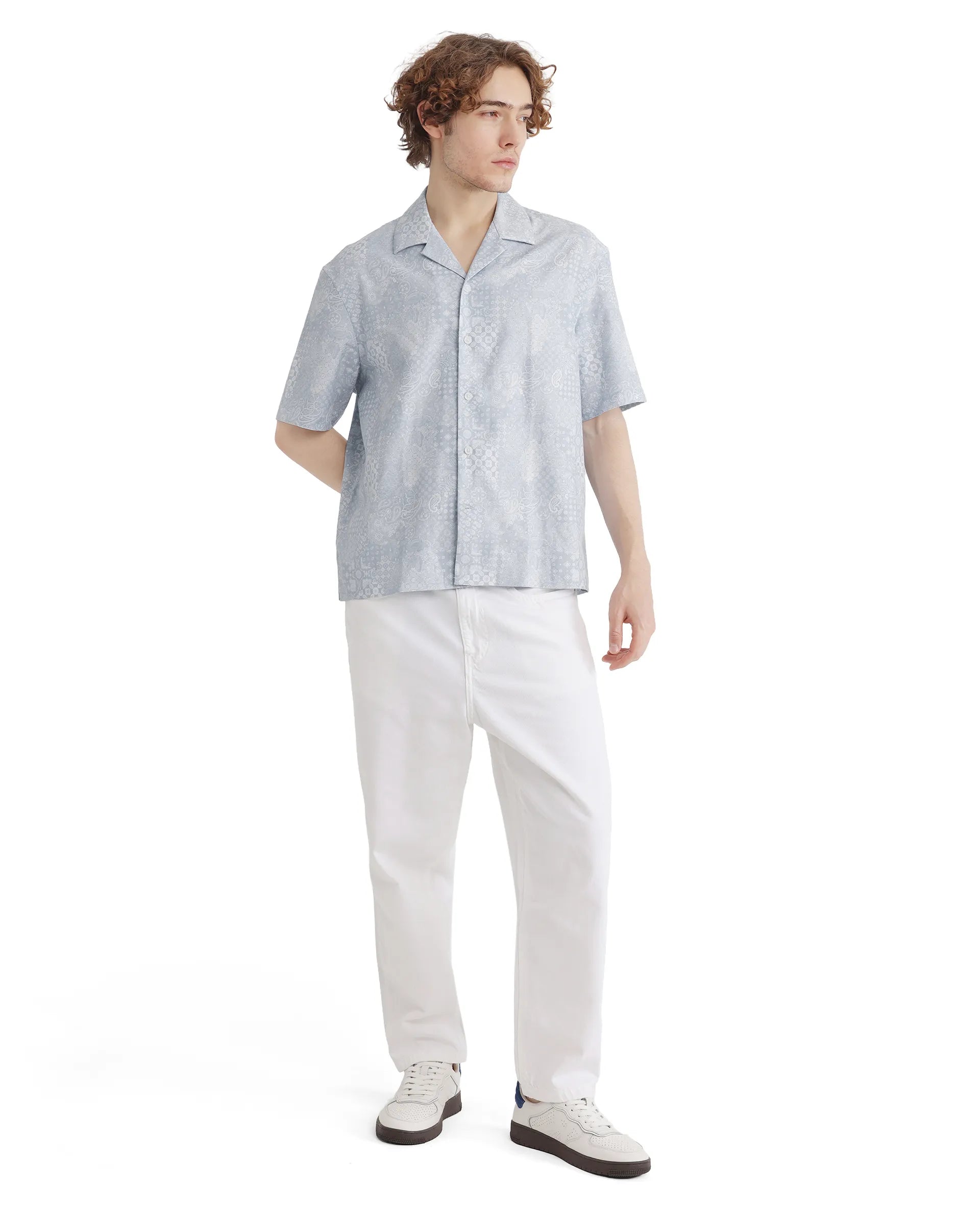 Rare Rabbit Men's Uffy Light Blue Cotton Fabric Short Sleeve Cuban Collared Button Closure Printed Shirt