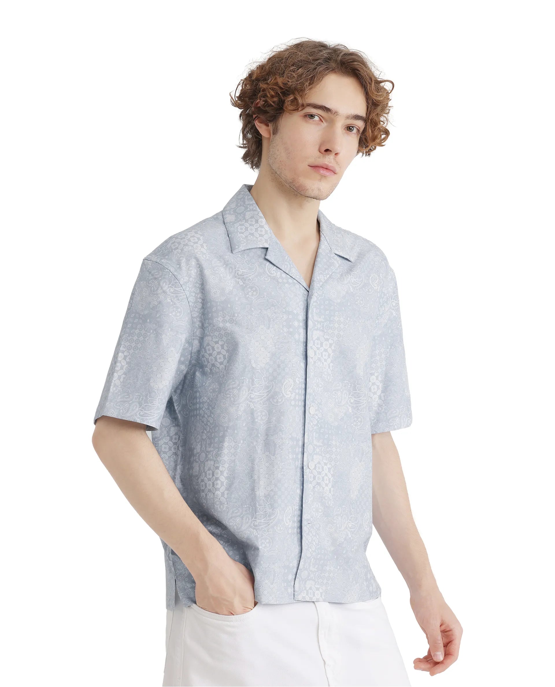 Rare Rabbit Men's Uffy Light Blue Cotton Fabric Short Sleeve Cuban Collared Button Closure Printed Shirt