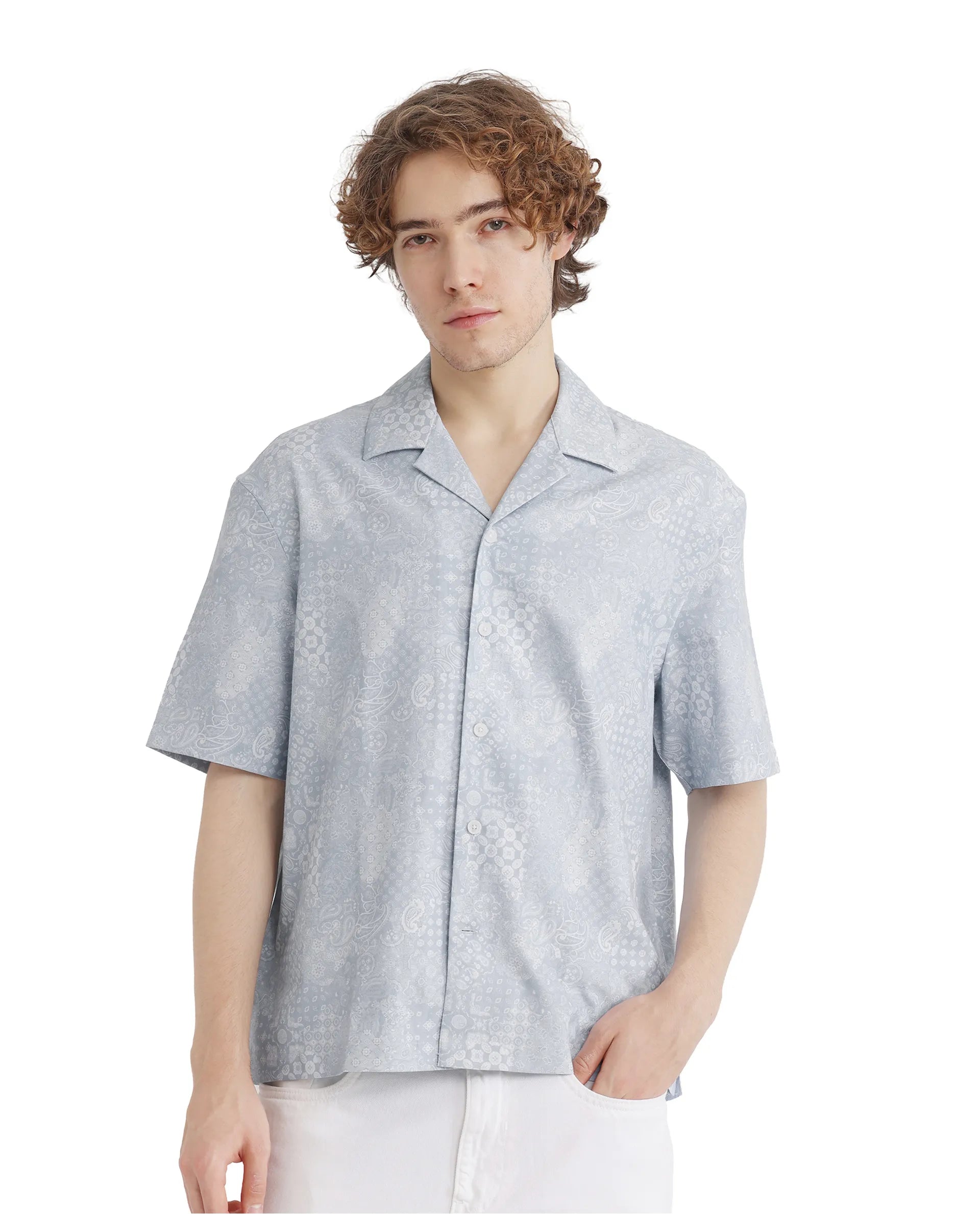 Rare Rabbit Men's Uffy Light Blue Cotton Fabric Short Sleeve Cuban Collared Button Closure Printed Shirt