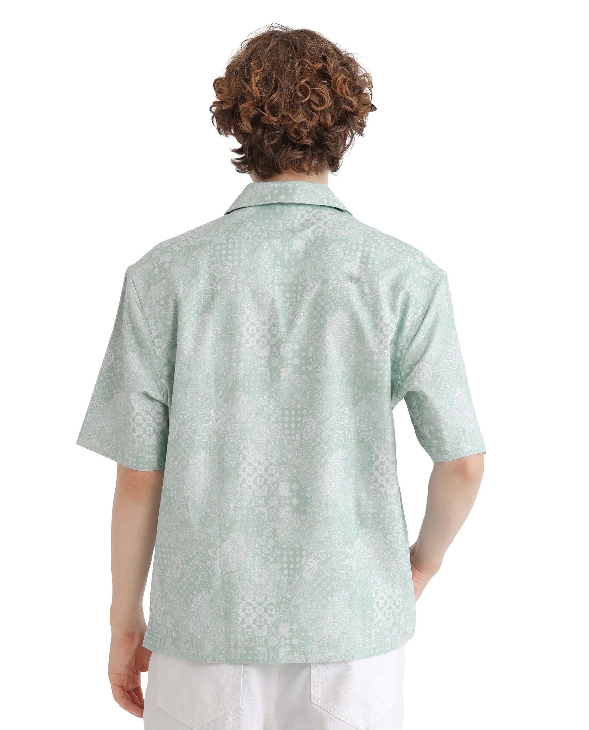 Rare Rabbit Men's Uffy Light Green Cotton Fabric Short Sleeve Cuban Collared Button Closure Printed Shirt