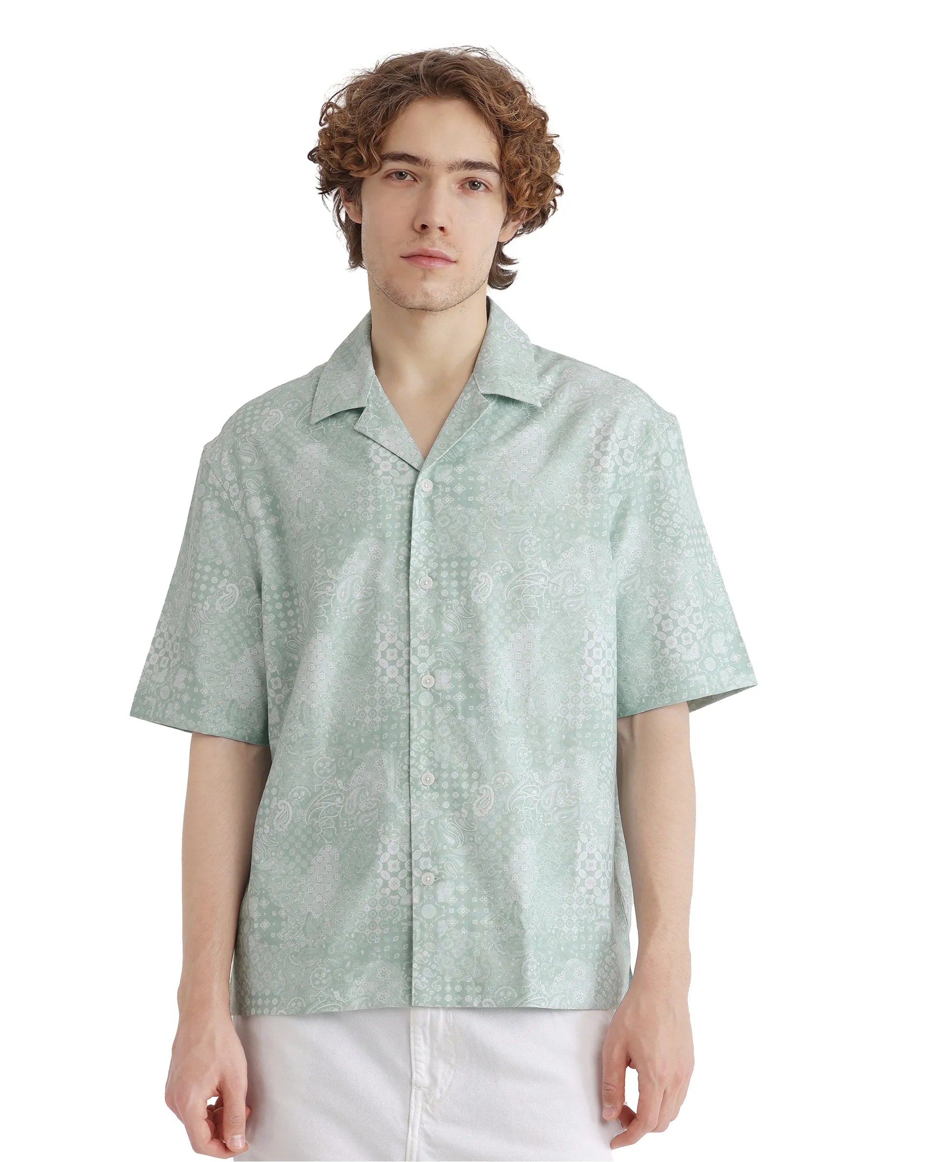Rare Rabbit Men's Uffy Light Green Cotton Fabric Short Sleeve Cuban Collared Button Closure Printed Shirt