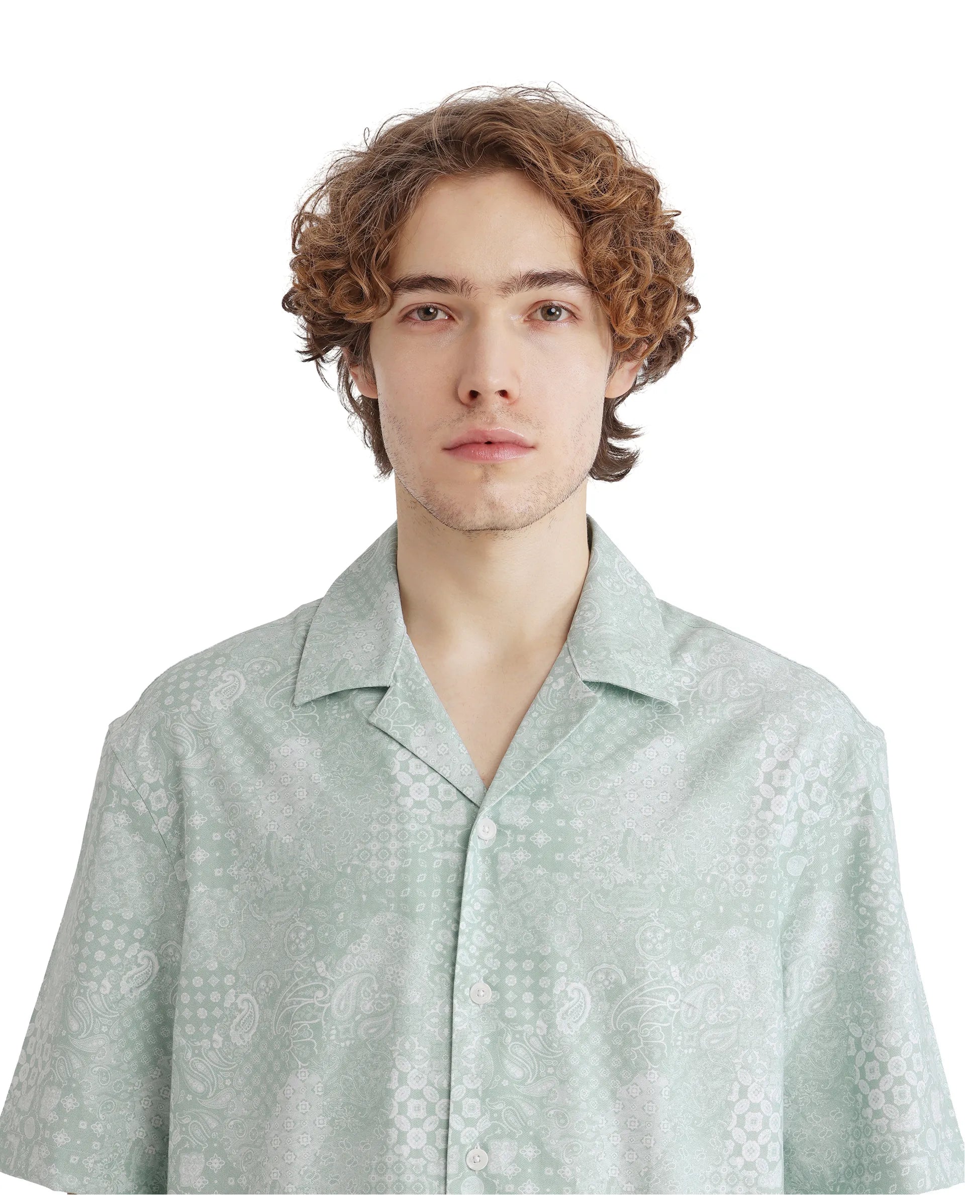 Rare Rabbit Men's Uffy Light Green Cotton Fabric Short Sleeve Cuban Collared Button Closure Printed Shirt