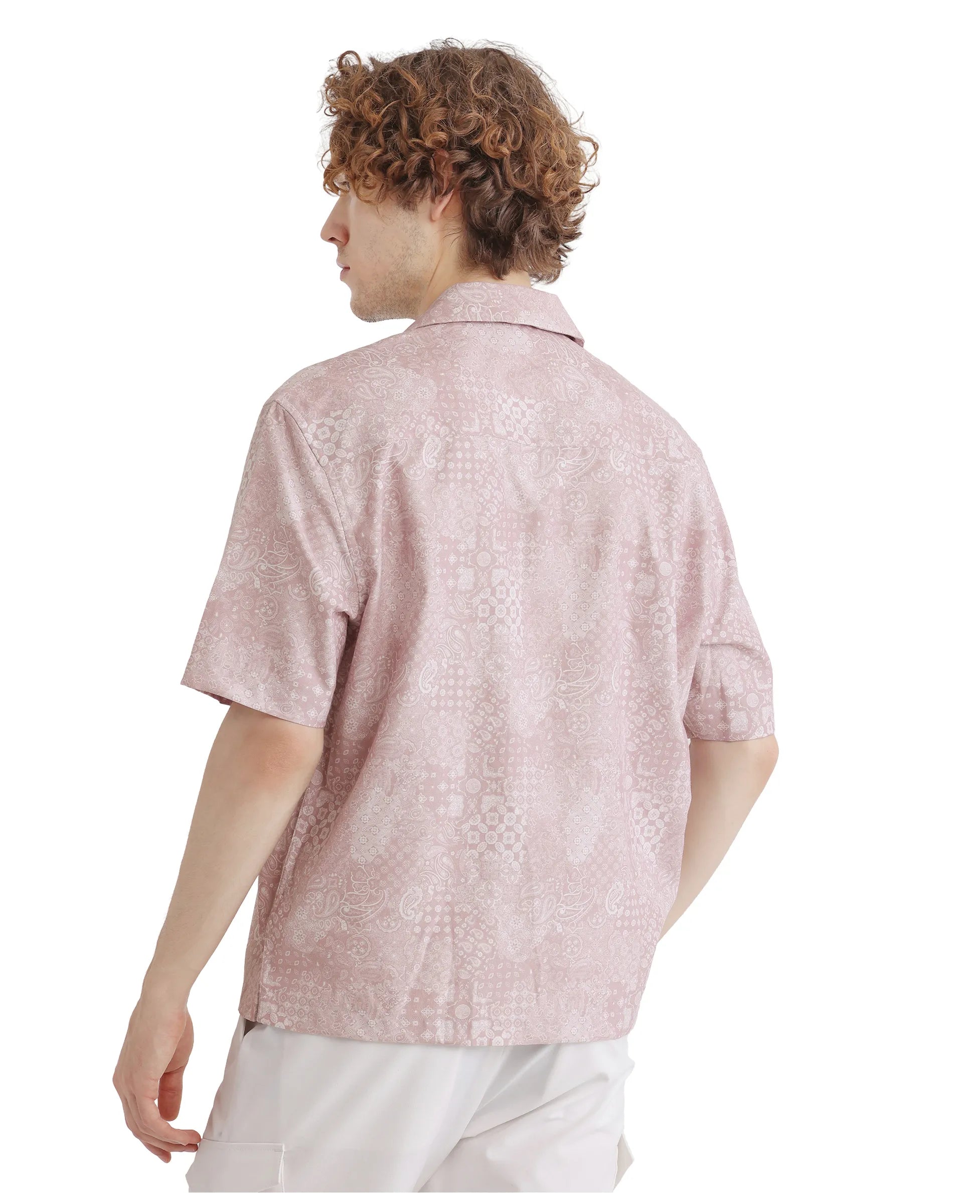 Rare Rabbit Men's Uffy Light Pink Cotton Fabric Short Sleeve Cuban Collared Button Closure Printed Shirt