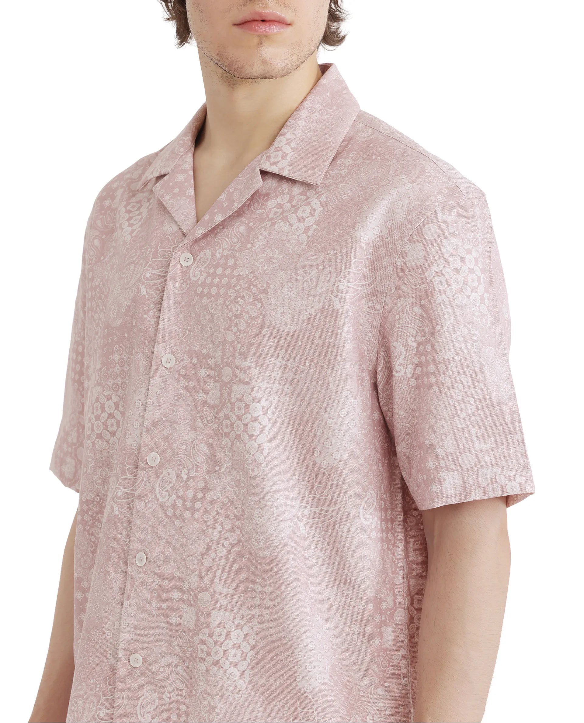 Rare Rabbit Men's Uffy Light Pink Cotton Fabric Short Sleeve Cuban Collared Button Closure Printed Shirt