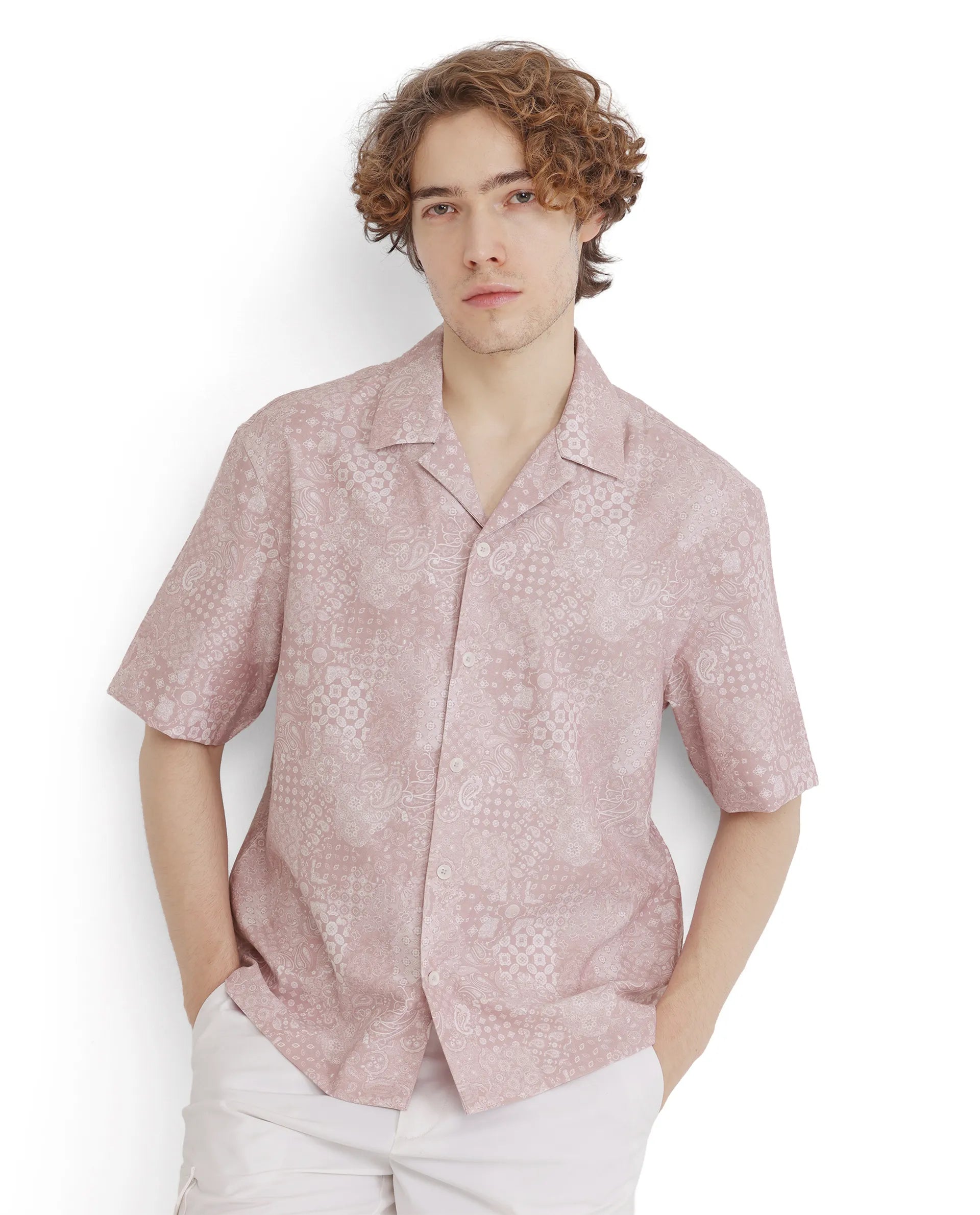 Rare Rabbit Men's Uffy Light Pink Cotton Fabric Short Sleeve Cuban Collared Button Closure Printed Shirt