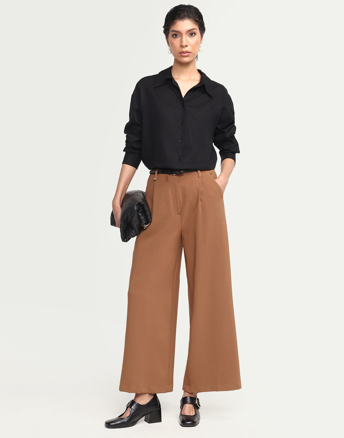 Rareism Women's Uganda Black Linen Spread Collar Regular Plain Shirt