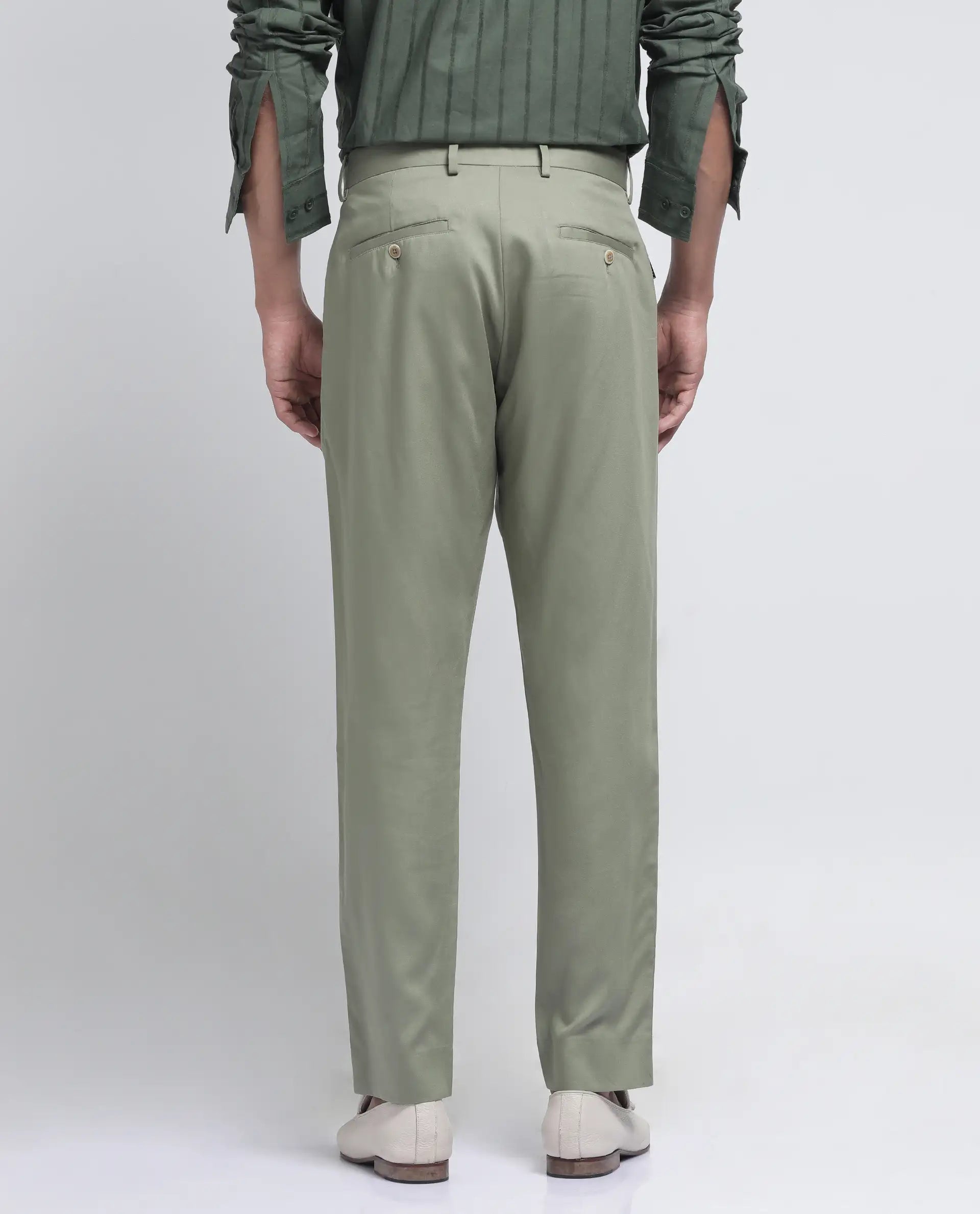 Rare Rabbit Men Ugo Dusky Green Cotton Elastane Fabric Regular Fit Plain Trouser